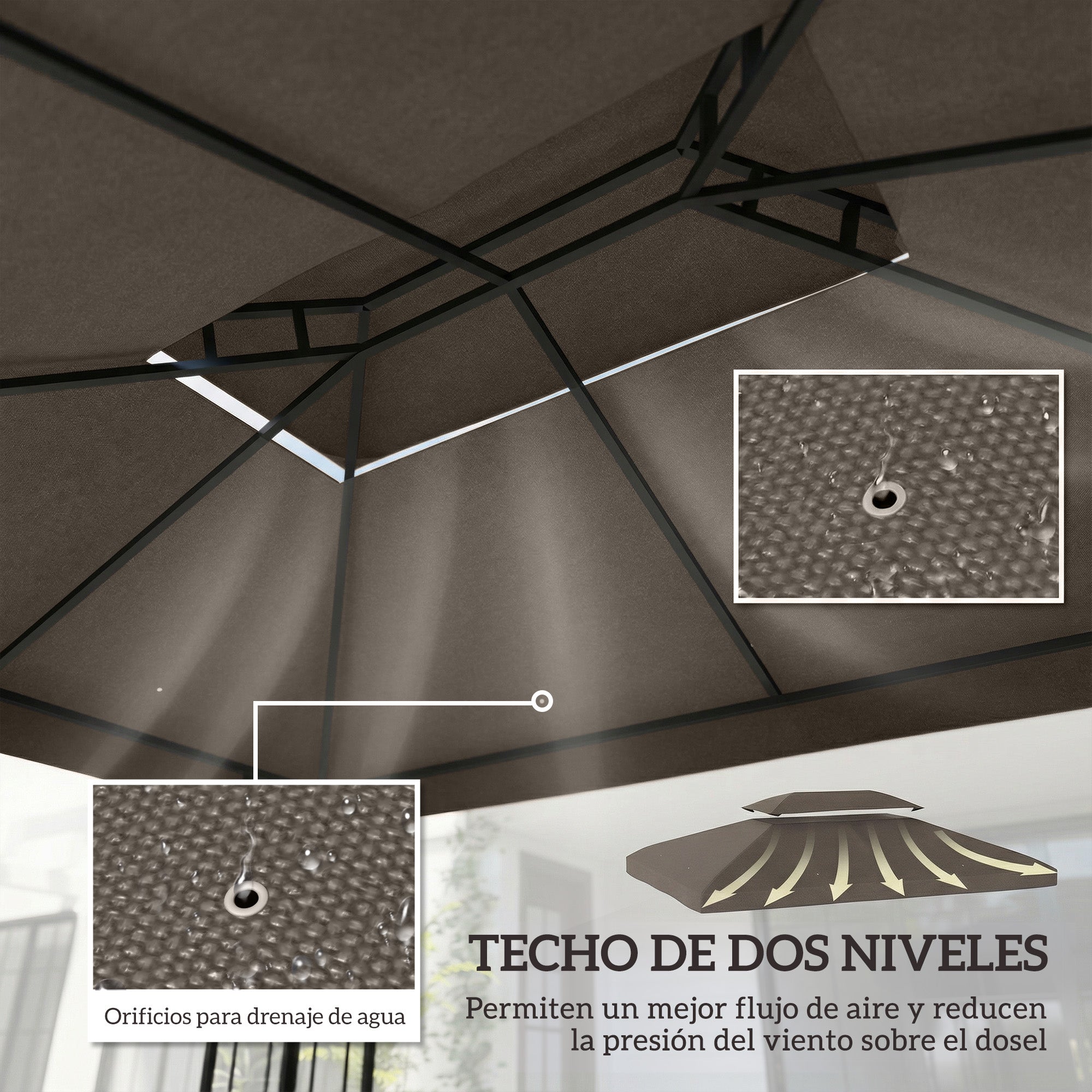 Outsunny Techo de Repuesto para Cenador, 4x3 m, Cubierta de Repuesto con Techo Doble, 10 Orificios de Drenaje y Protección UV, SOLO Toldo de Recambio para Pabellón Gazebo, Marrón