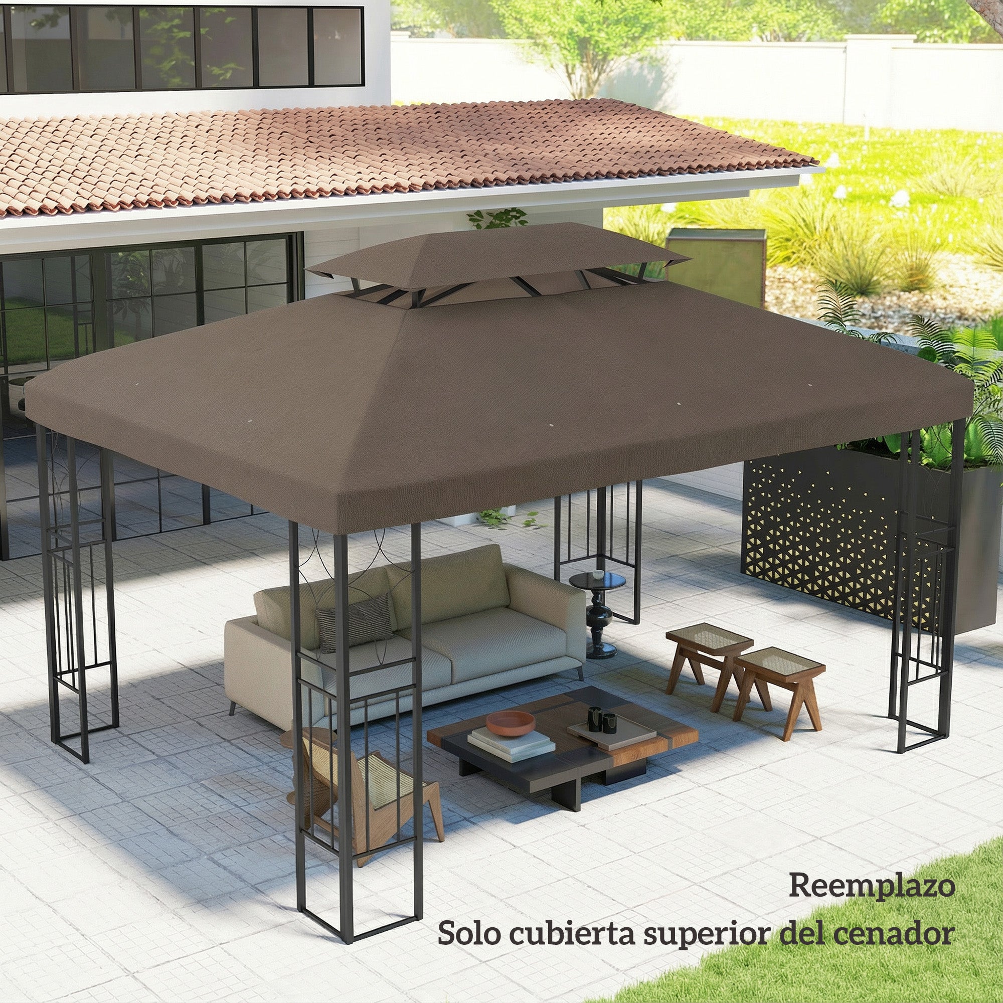 Outsunny Techo de Repuesto para Cenador, 4x3 m, Cubierta de Repuesto con Techo Doble, 10 Orificios de Drenaje y Protección UV, SOLO Toldo de Recambio para Pabellón Gazebo, Marrón