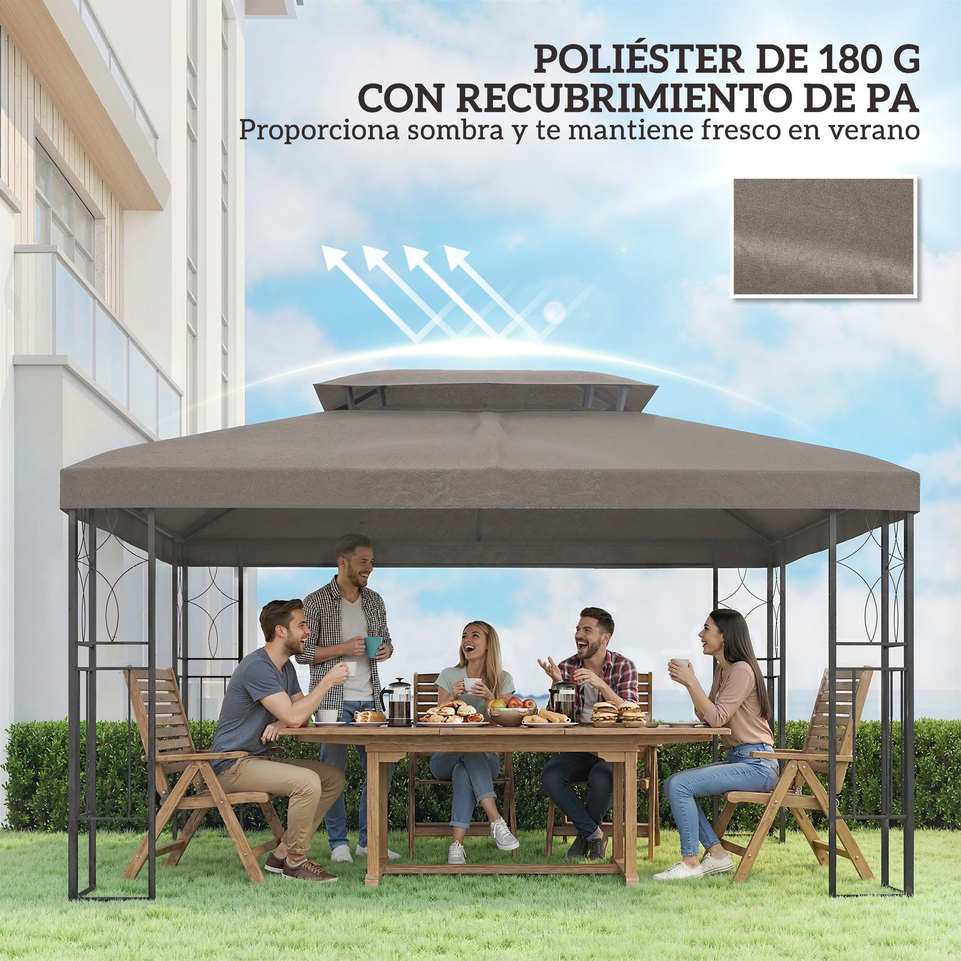 Outsunny Techo de Repuesto para Cenador, 4x3 m, Cubierta de Repuesto con Techo Doble, 10 Orificios de Drenaje y Protección UV, SOLO Toldo de Recambio para Pabellón Gazebo, Marrón