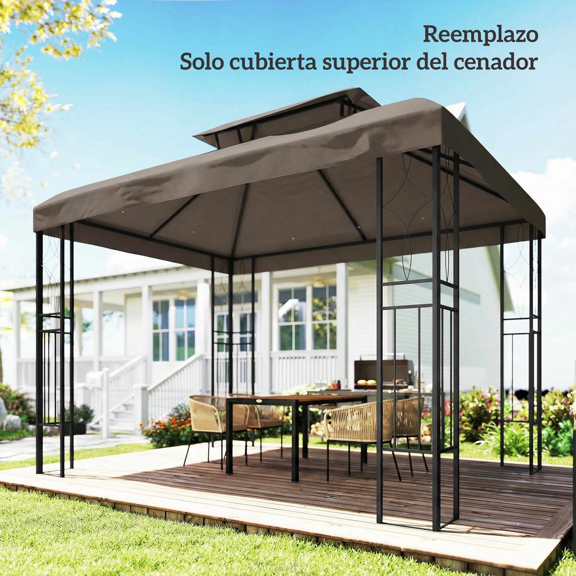 Outsunny Techo de Repuesto para Cenador, 4x3 m, Cubierta de Repuesto con Techo Doble, 10 Orificios de Drenaje y Protección UV, SOLO Toldo de Recambio para Pabellón Gazebo, Marrón