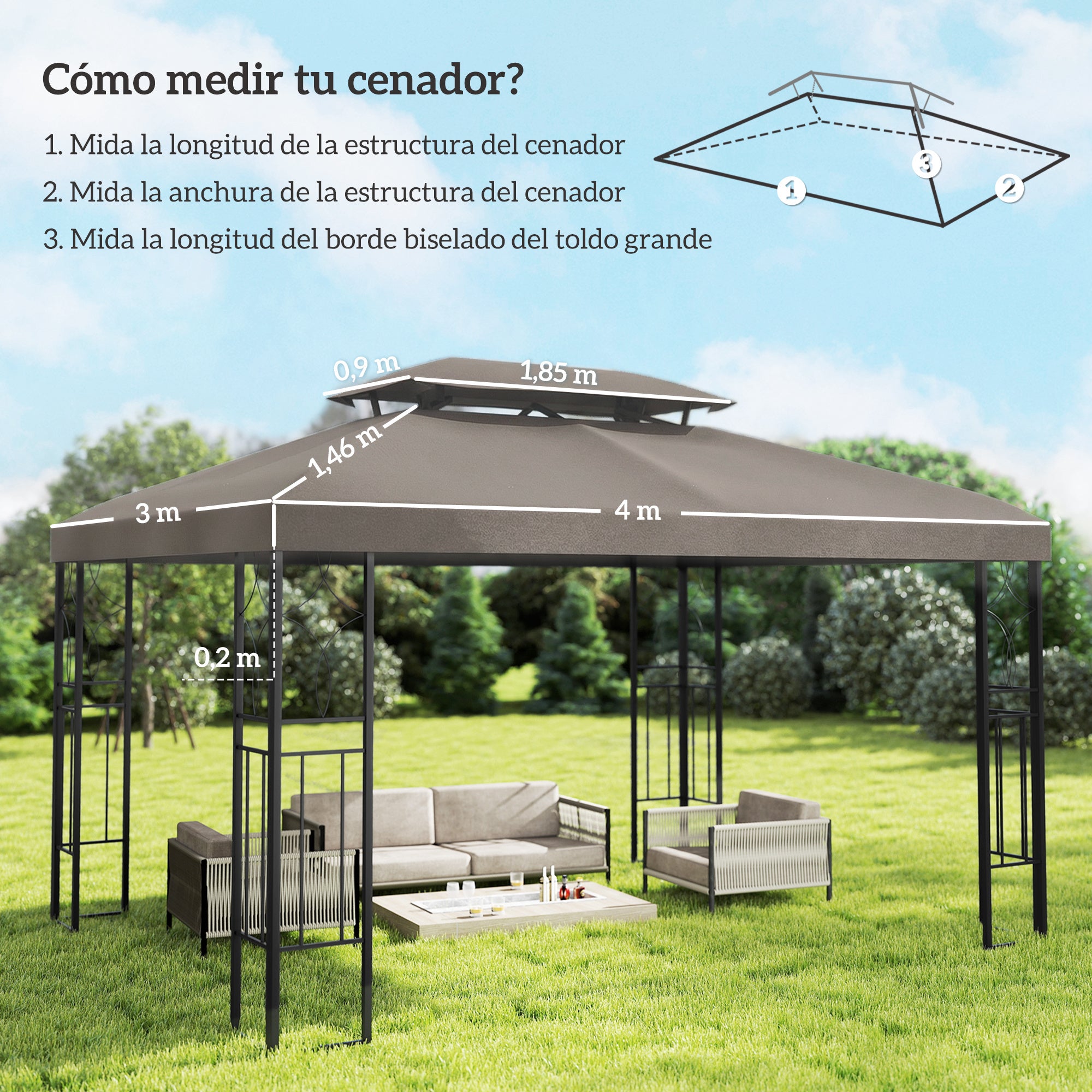 Outsunny Techo de Repuesto para Cenador, 4x3 m, Cubierta de Repuesto con Techo Doble, 10 Orificios de Drenaje y Protección UV, SOLO Toldo de Recambio para Pabellón Gazebo, Marrón