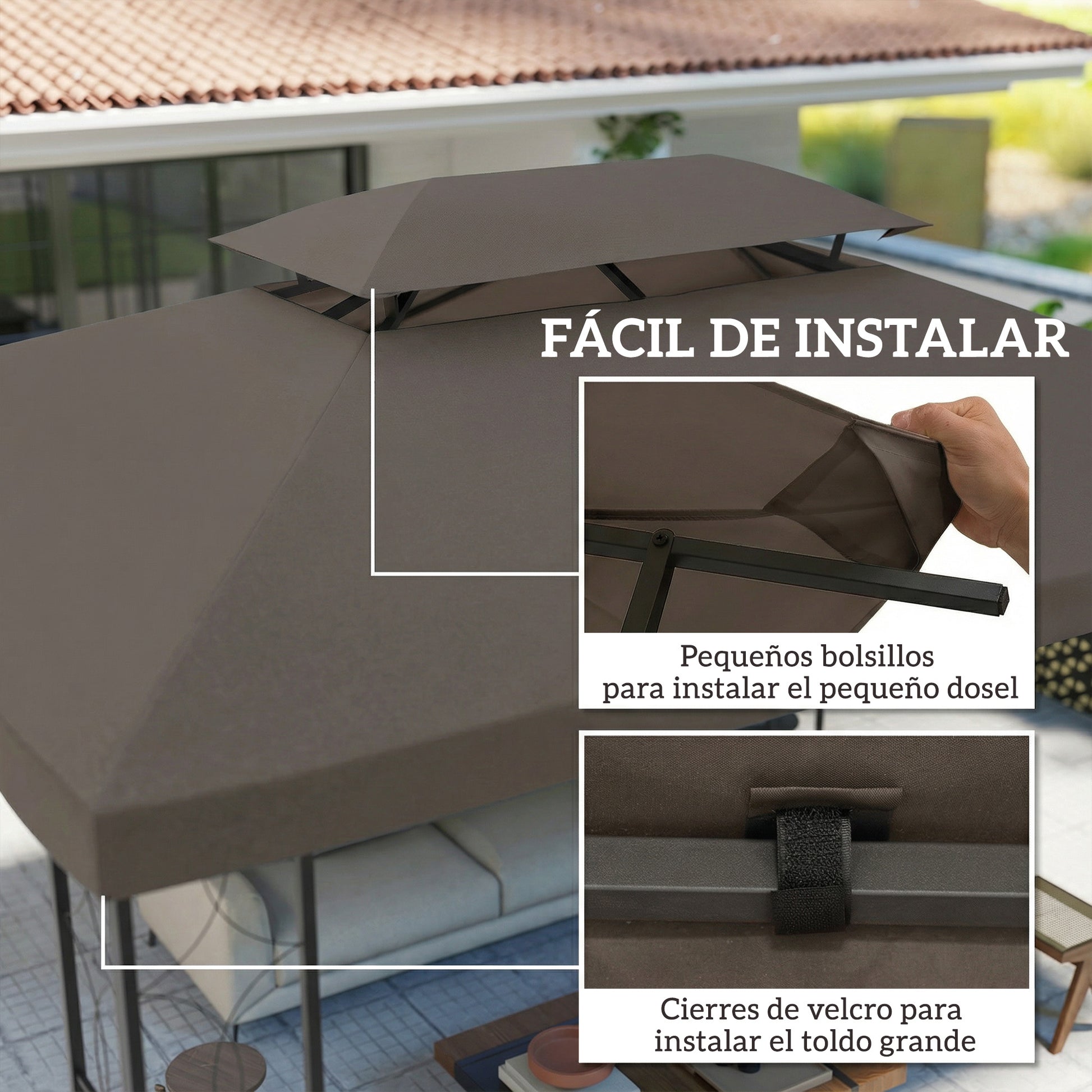 Outsunny Techo de Repuesto para Cenador, 4x3 m, Cubierta de Repuesto con Techo Doble, 10 Orificios de Drenaje y Protección UV, SOLO Toldo de Recambio para Pabellón Gazebo, Marrón