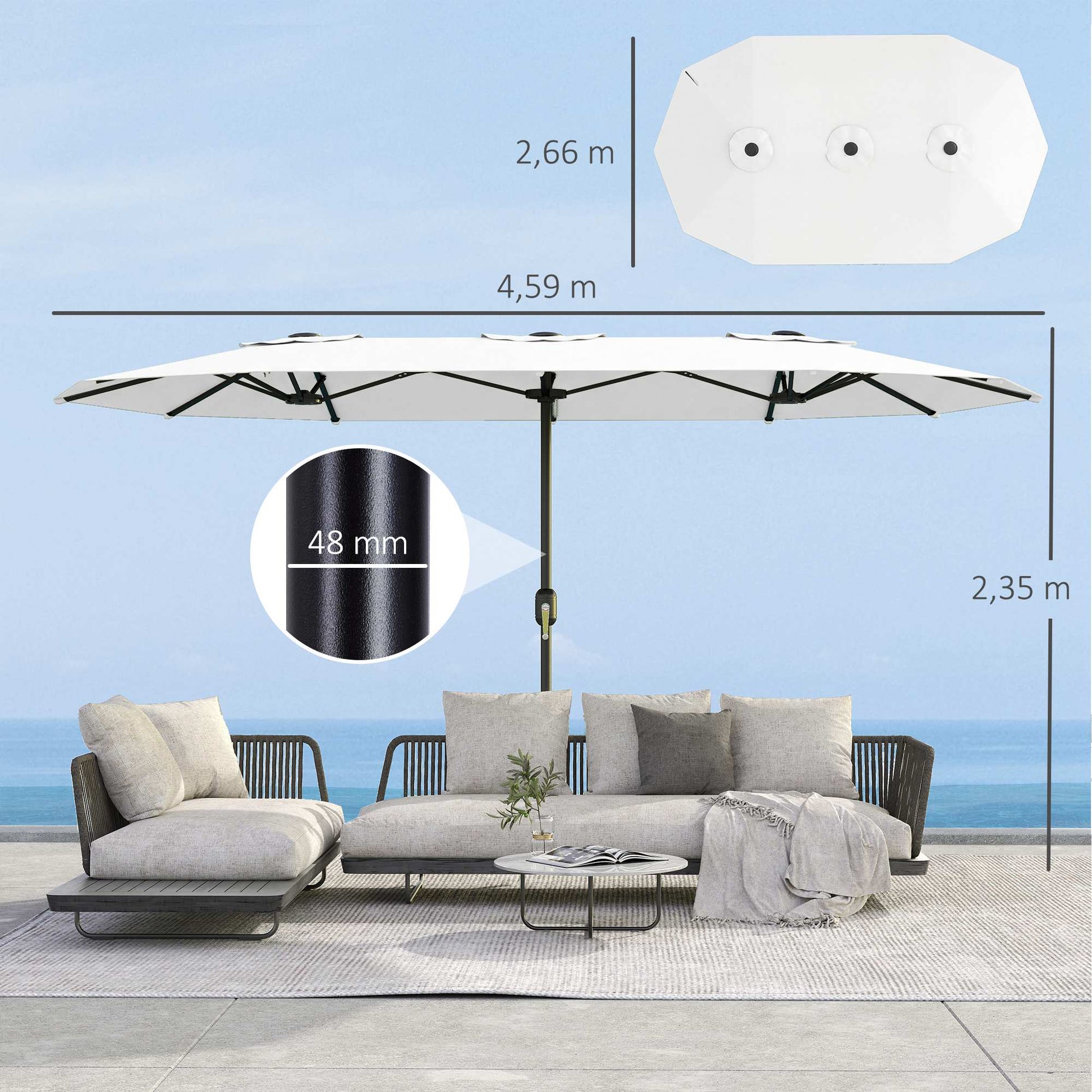 Outsunny Sombrilla Doble 4,6x2,6 m, Sombrilla Terraza Exterior con Manivela Manual, Protección UV50+, Funda Protectora, Resistente al Agua, Parasol para Jardín, Terraza, Patio, Blanco