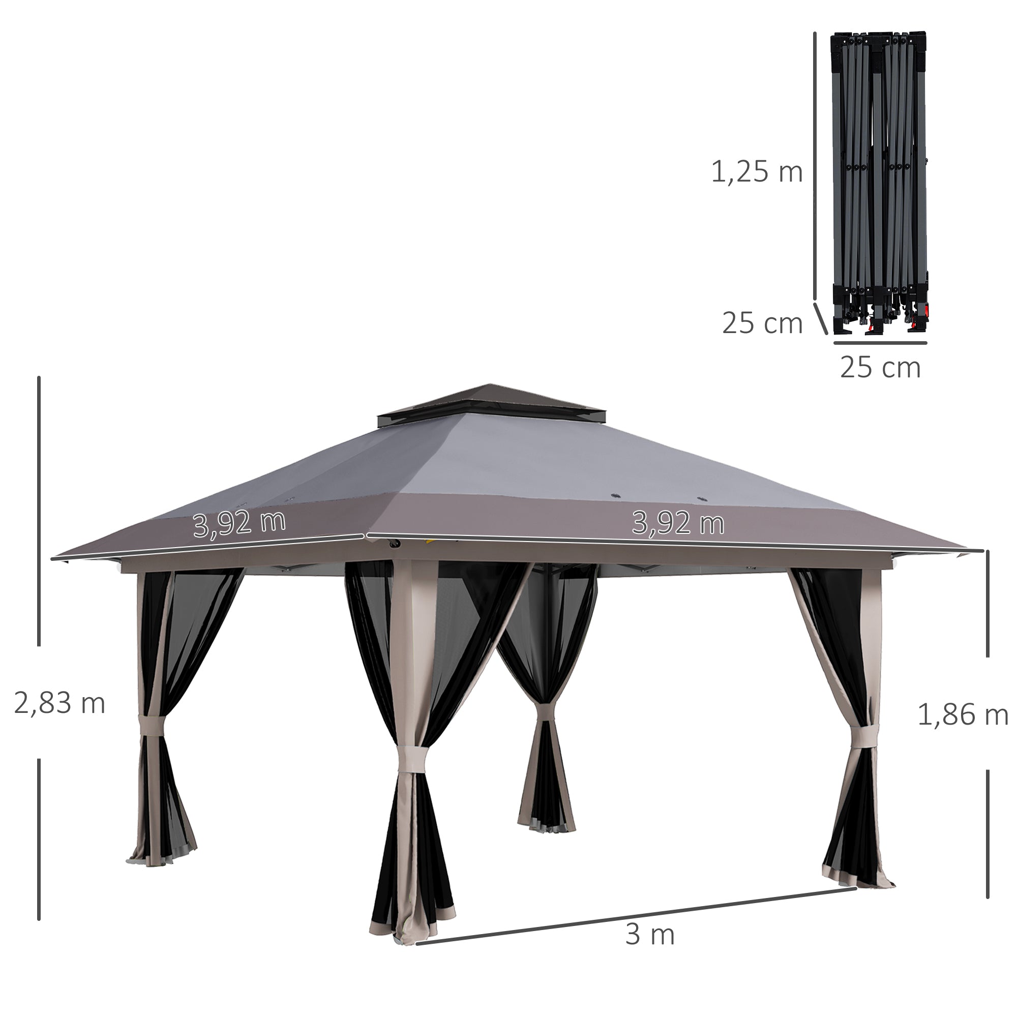 Outsunny Carpa Plegable Pop-up 4x4x2,8 m Cenador de Jardín con Paredes Altura Ajustable Anti-UV Impermeable Doble Techo Mosquiteras y Bolsa de Ruedas Gazebo para Exterior Fiestas Camping Gris Claro