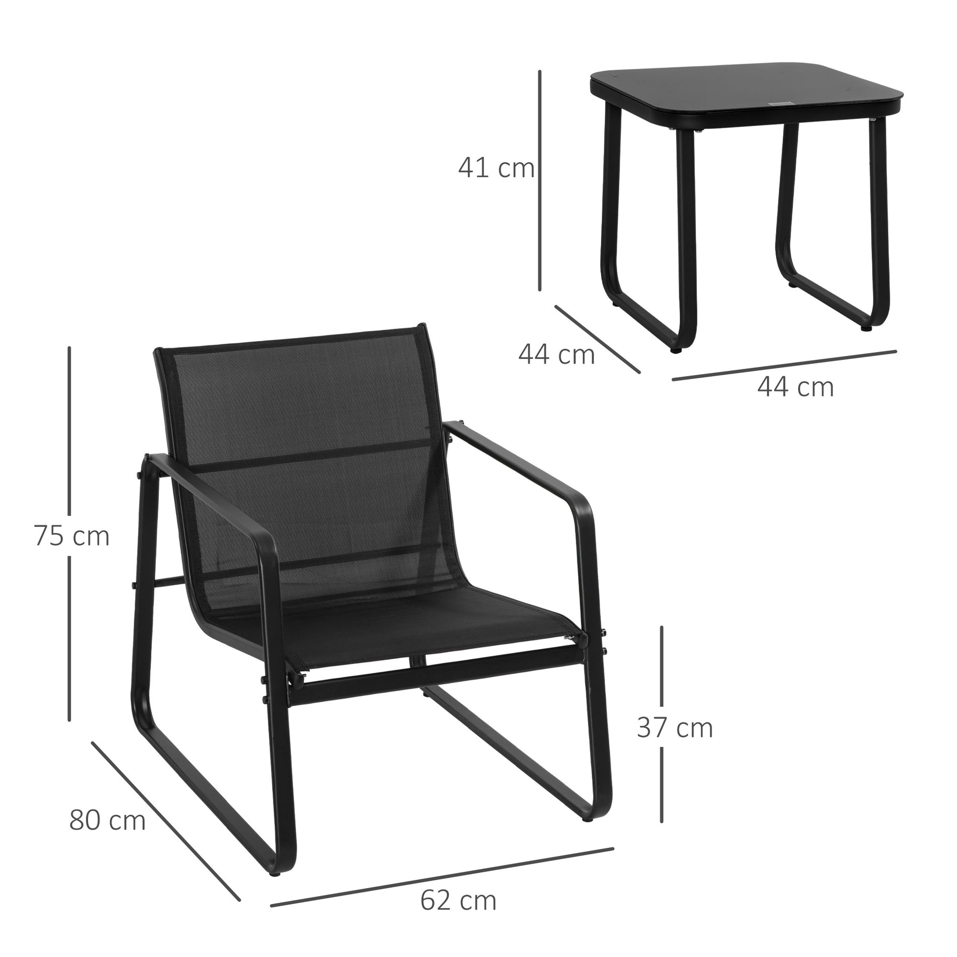 Outsunny Conjunto de Muebles de Jardín 3 Piezas Muebles de Jardín Exterior Incluye 1 Mesa de Vidrio Templado y 2 Sillas con Reposabrazos y Respaldo Transpirable para Terraza Balcón Negro