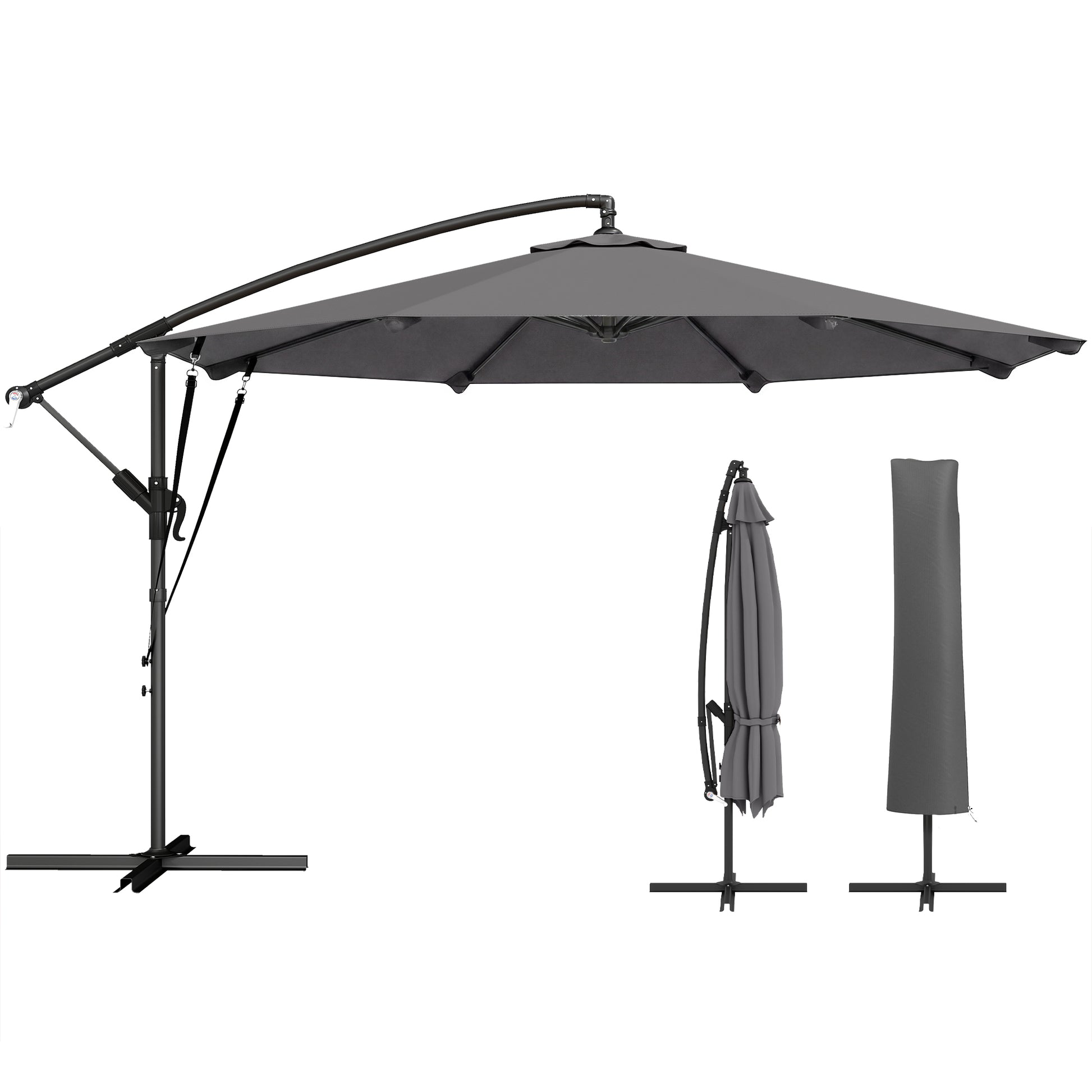Outsunny Parasol Excéntrico, Ø300 cm, Sombrilla de Jardín con Base Cruzada, Manivela, Funda Protectora y Cuerdas de Viento, UPF30+, para Terraza, Patio, Gris Oscuro