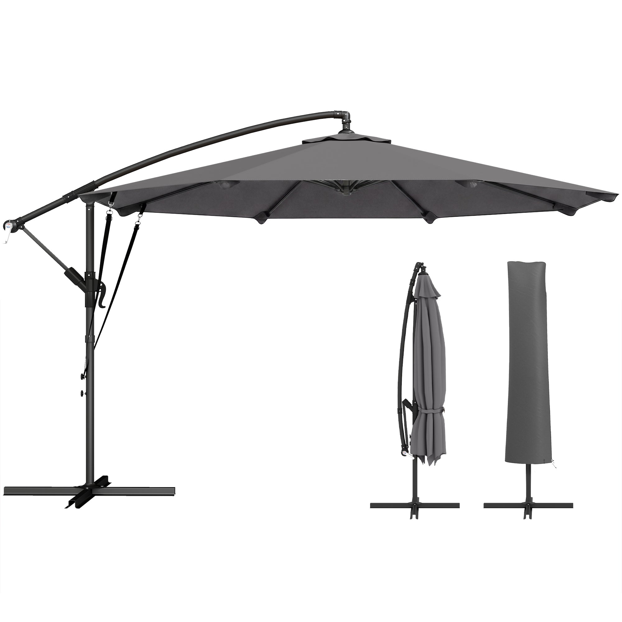 Outsunny Parasol Excéntrico, Ø300 cm, Sombrilla de Jardín con Base Cruzada, Manivela, Funda Protectora y Cuerdas de Viento, UPF30+, para Terraza, Patio, Gris Oscuro