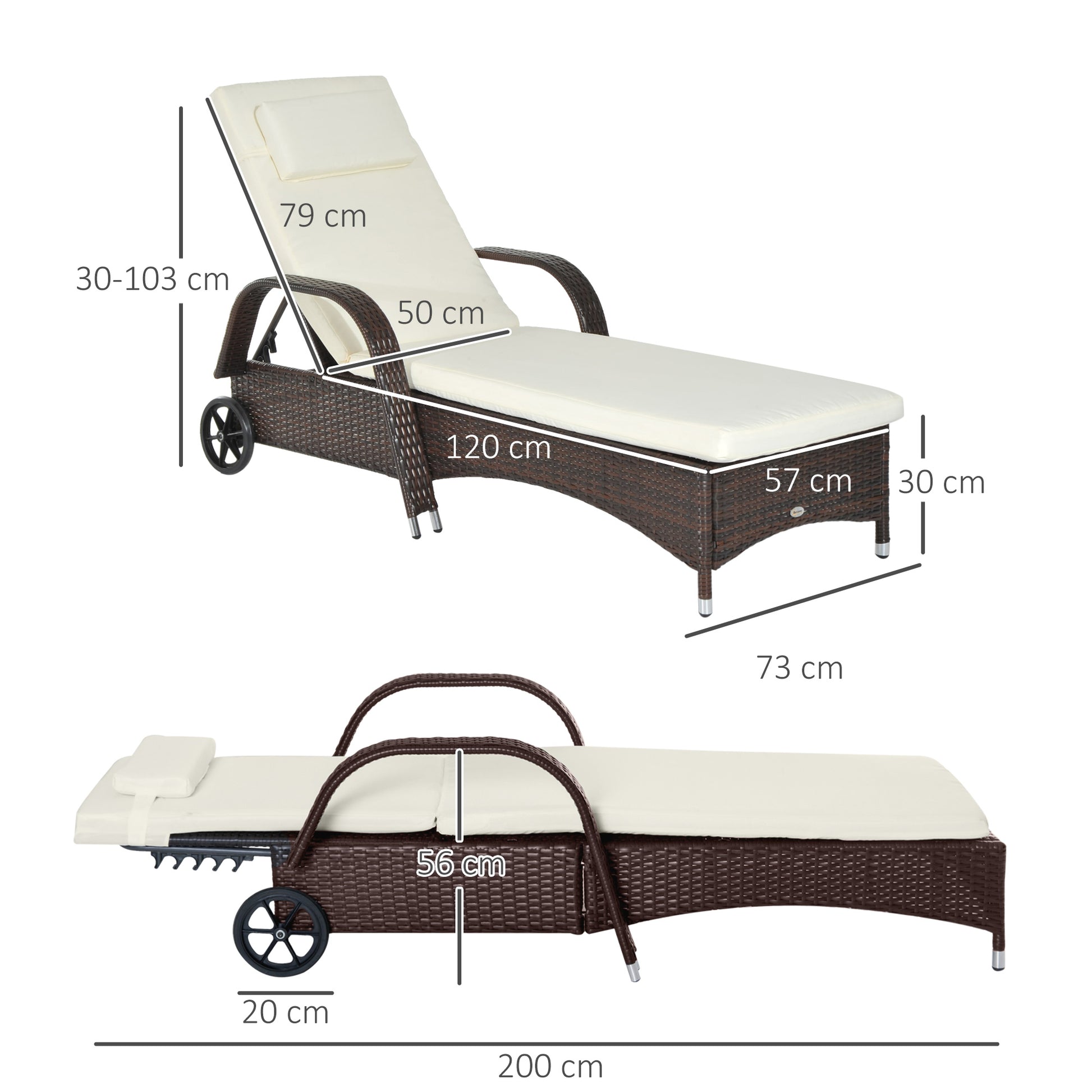 Outsunny Tumbona de Ratán de Jardín Chaise Longue con Respaldo Ajustable en 5 Posiciones Cojines Acolchados Reposacabezas y 2 Ruedas Carga 160 kg 200x73x30-103 cm Crema y Marrón