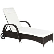 Outsunny Tumbona de Ratán de Jardín Chaise Longue con Respaldo Ajustable en 5 Posiciones Cojines Acolchados Reposacabezas y 2 Ruedas Carga 160 kg 200x73x30-103 cm Crema y Marrón