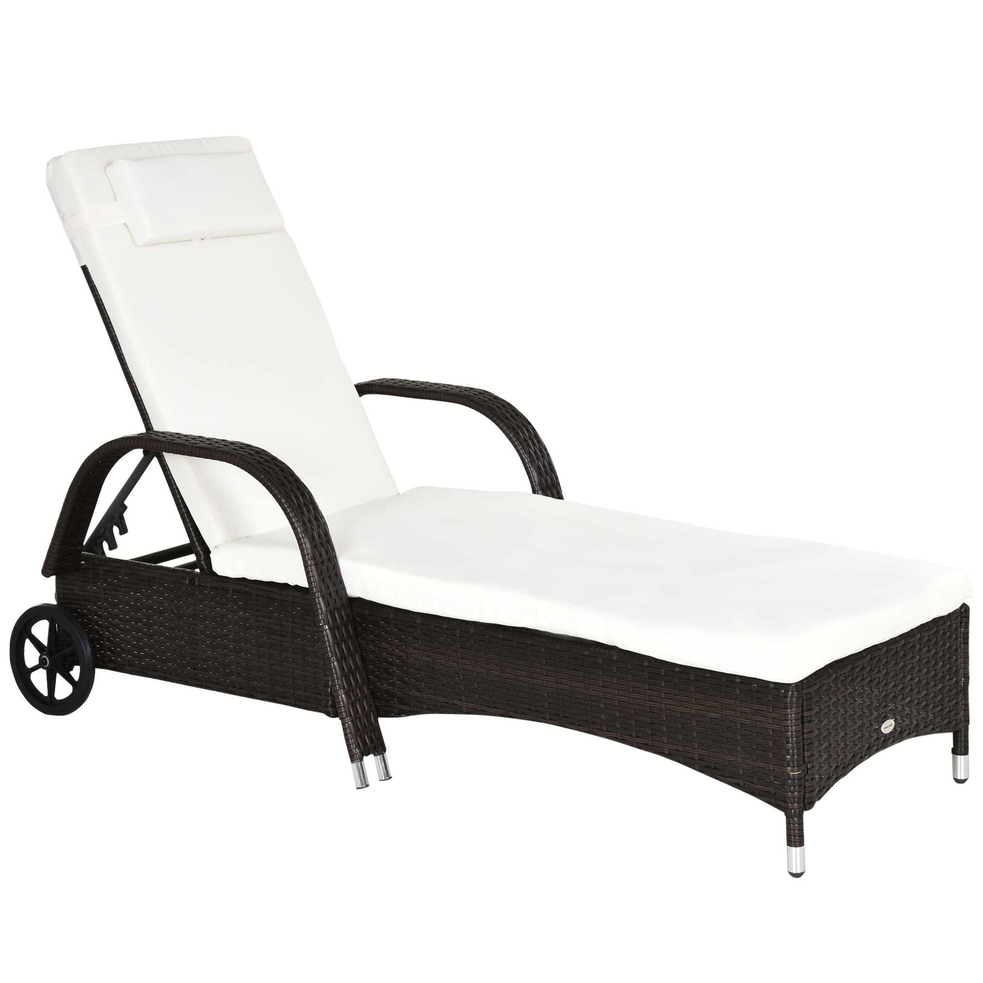 Outsunny Tumbona de Ratán de Jardín Chaise Longue con Respaldo Ajustable en 5 Posiciones Cojines Acolchados Reposacabezas y 2 Ruedas Carga 160 kg 200x73x30-103 cm Crema y Marrón