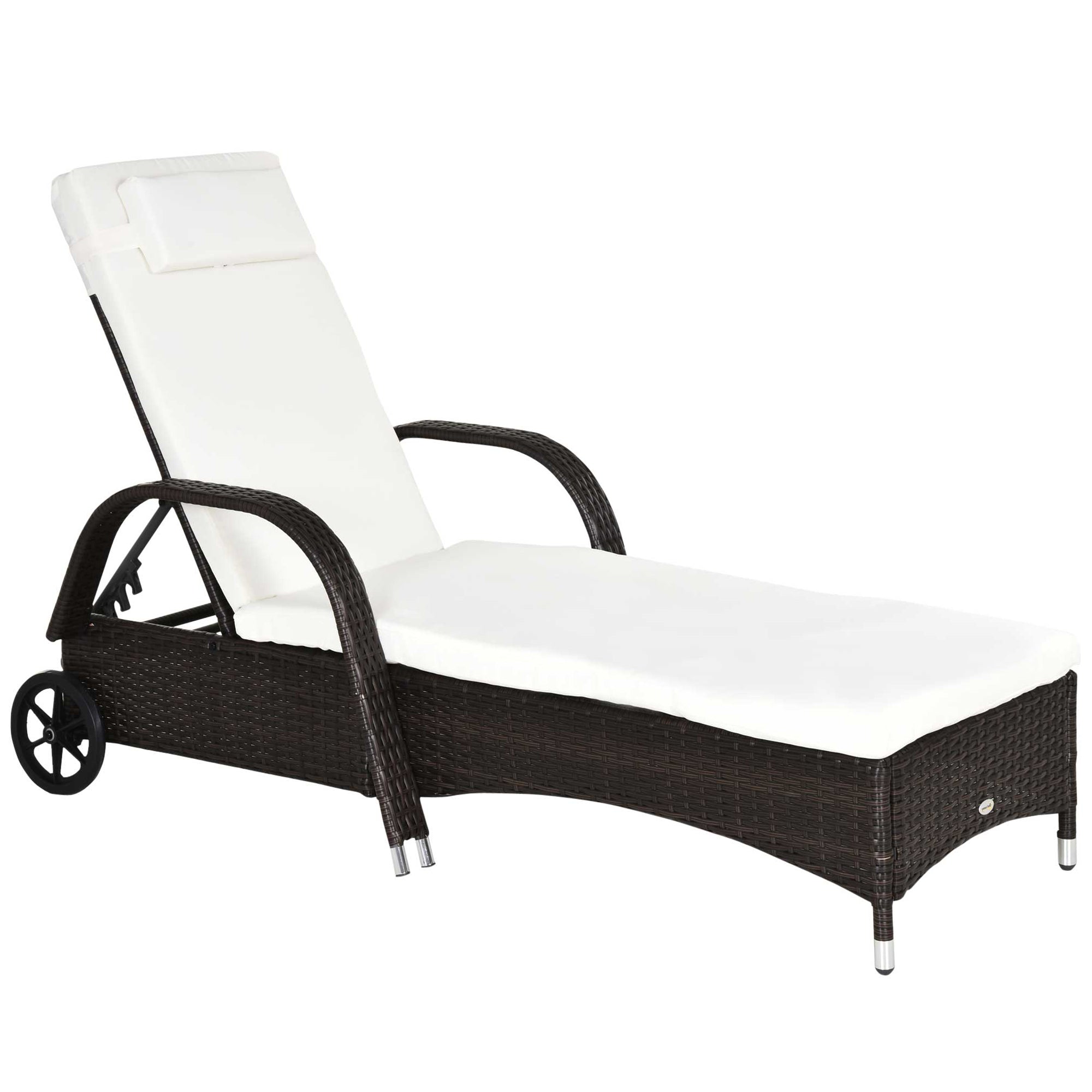 Outsunny Tumbona de Ratán de Jardín Chaise Longue con Respaldo Ajustable en 5 Posiciones Cojines Acolchados Reposacabezas y 2 Ruedas Carga 160 kg 200x73x30-103 cm Crema y Marrón