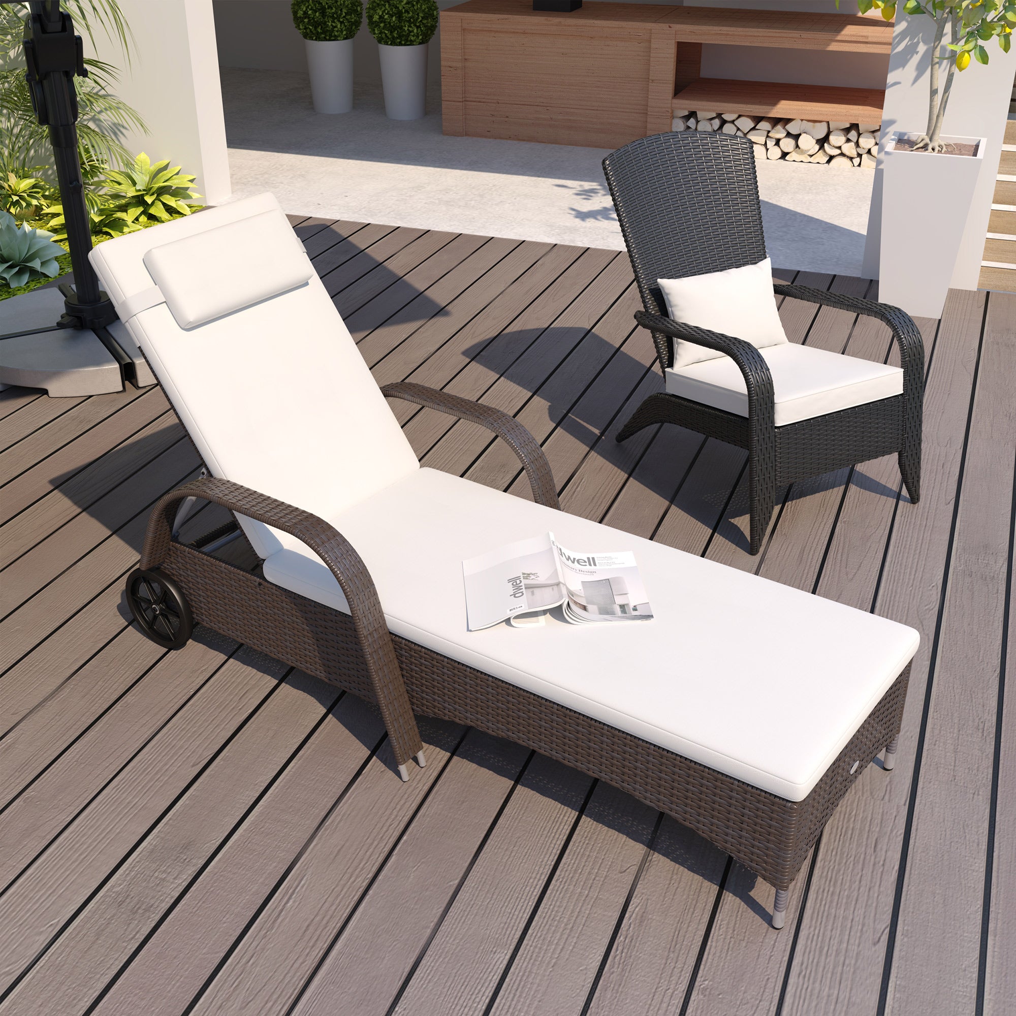 Outsunny Tumbona de Ratán de Jardín Chaise Longue con Respaldo Ajustable en 5 Posiciones Cojines Acolchados Reposacabezas y 2 Ruedas Carga 160 kg 200x73x30-103 cm Crema y Marrón
