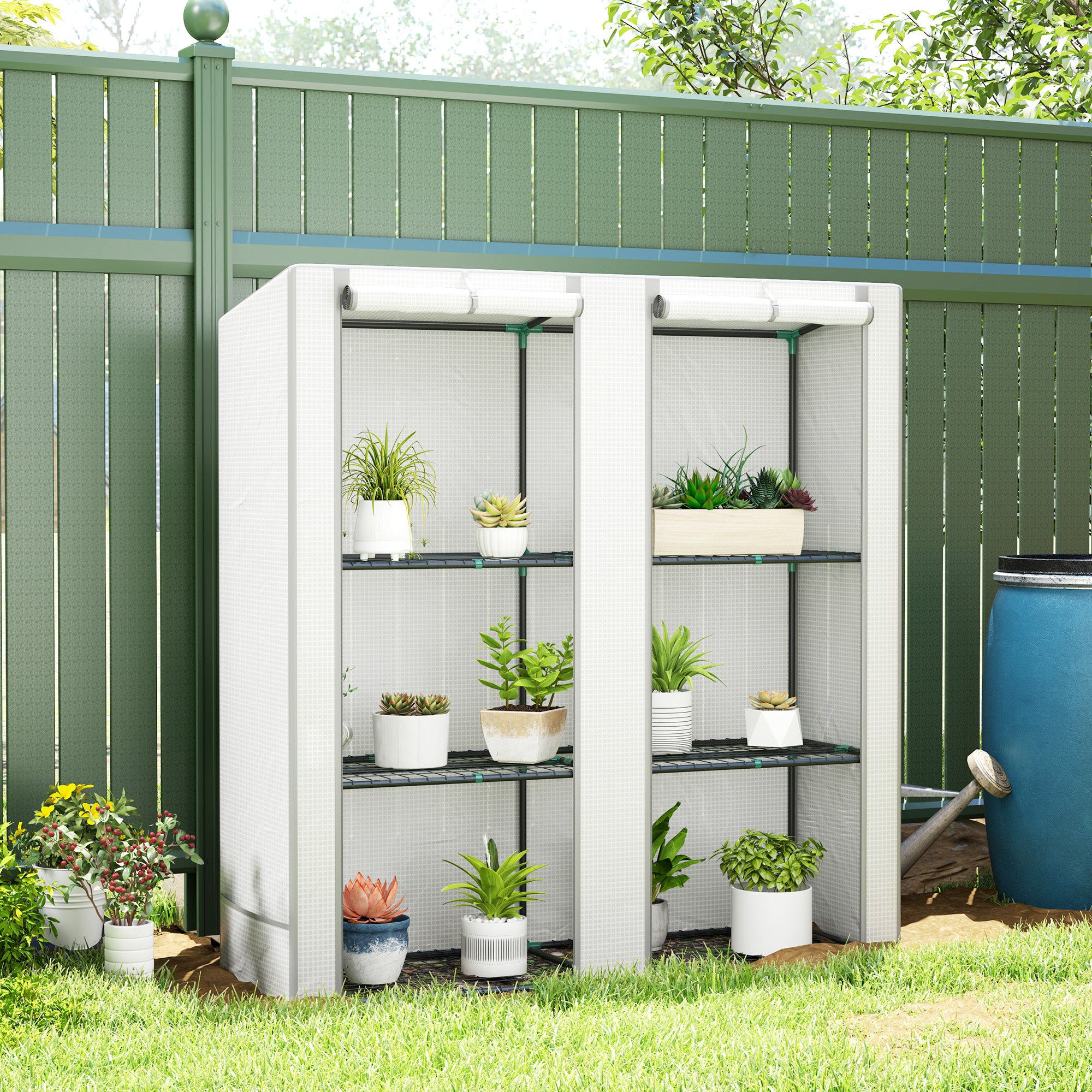 Outsunny Invernadero de Exterior con Techo Inclinado Invernadero Pequeño con 3 Estantes 2 Puertas Enrollables Cubierta de PE y Marco de Acero para Cultivos Plantas Flores 144x48x152 cm Blanco