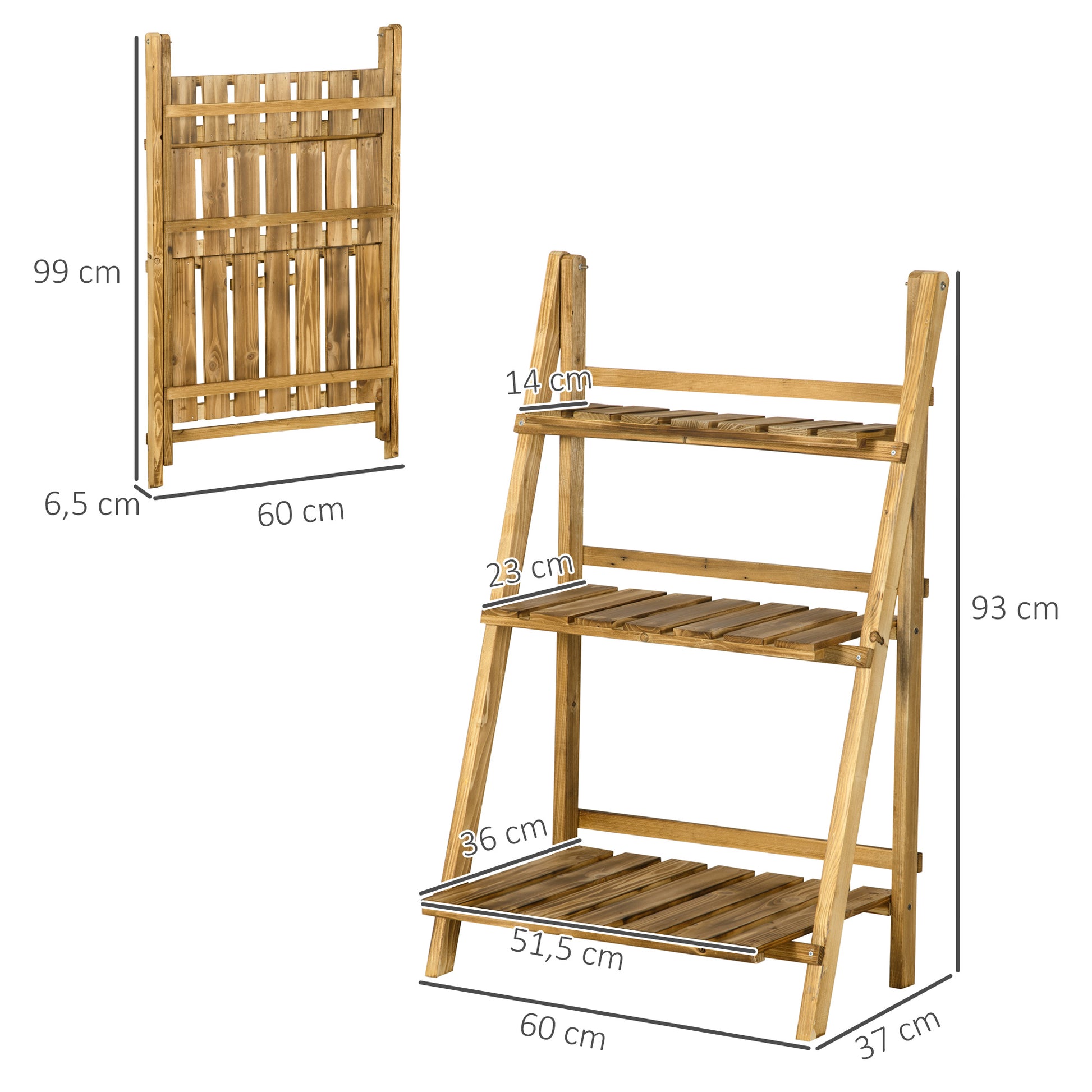 Outsunny Soporte para Plantas de Madera de 3 Niveles Estantería para Plantas Plegable Soporte para Macetas para Interior y Exterior Terraza Jardín Balcón 60x37x93 cm Natural