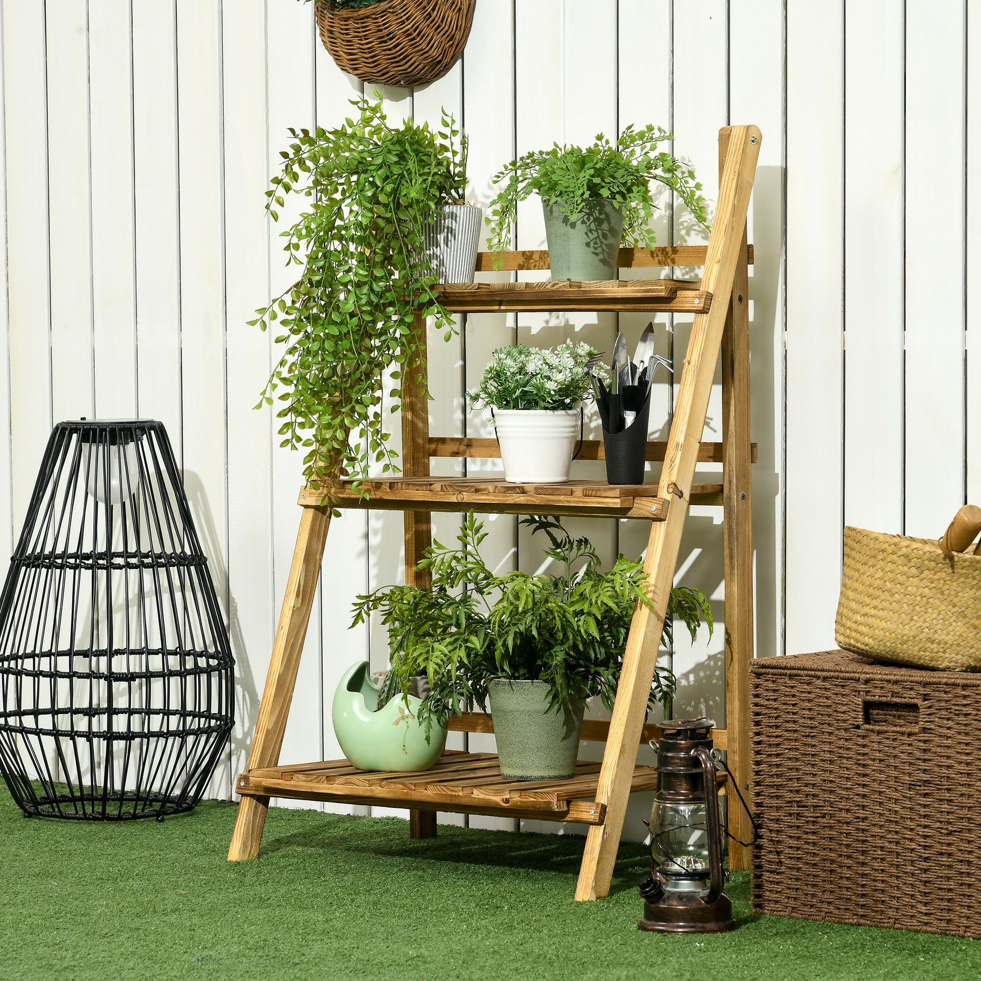 Outsunny Soporte para Plantas de Madera de 3 Niveles Estantería para Plantas Plegable Soporte para Macetas para Interior y Exterior Terraza Jardín Balcón 60x37x93 cm Natural