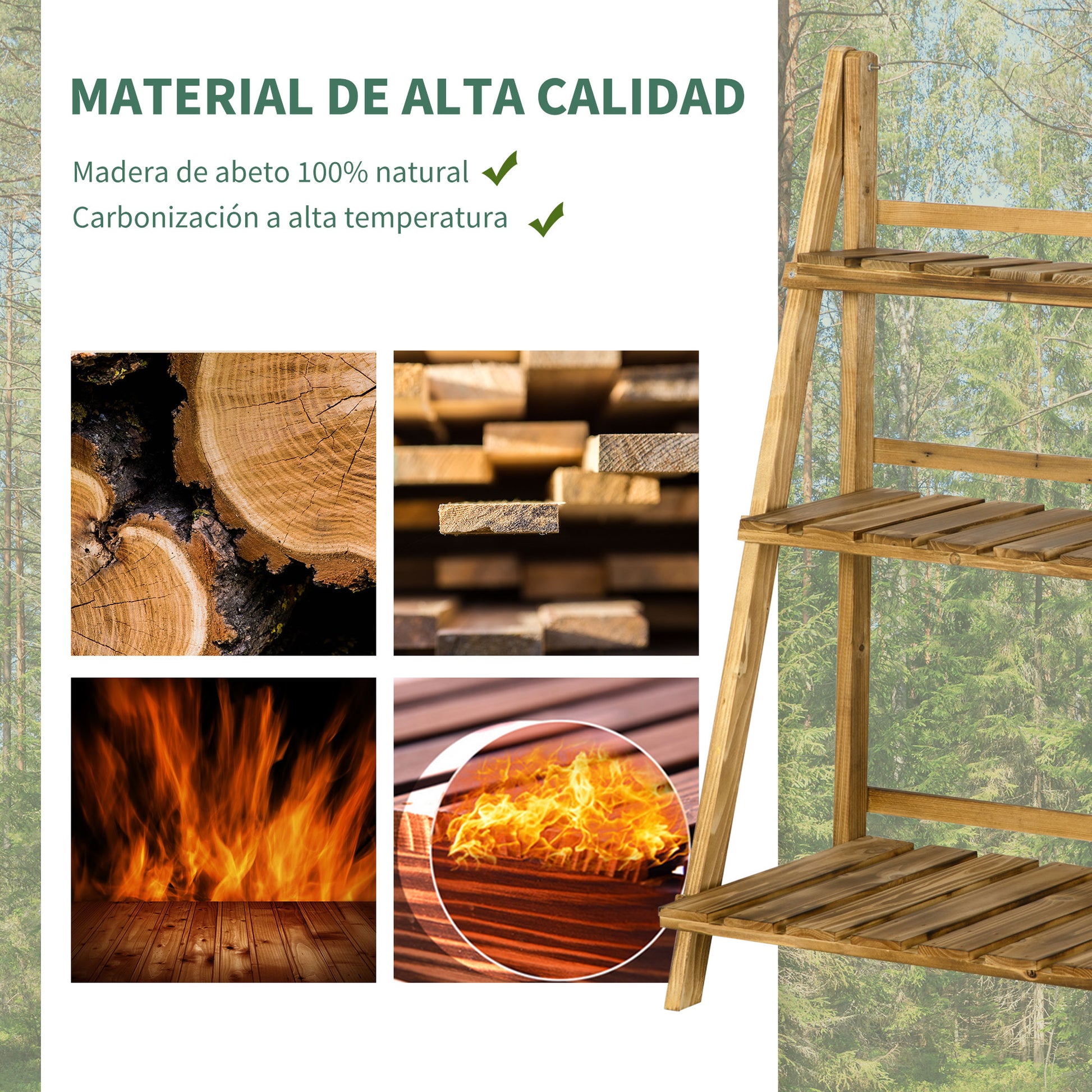 Outsunny Soporte para Plantas de Madera de 3 Niveles Estantería para Plantas Plegable Soporte para Macetas para Interior y Exterior Terraza Jardín Balcón 60x37x93 cm Natural