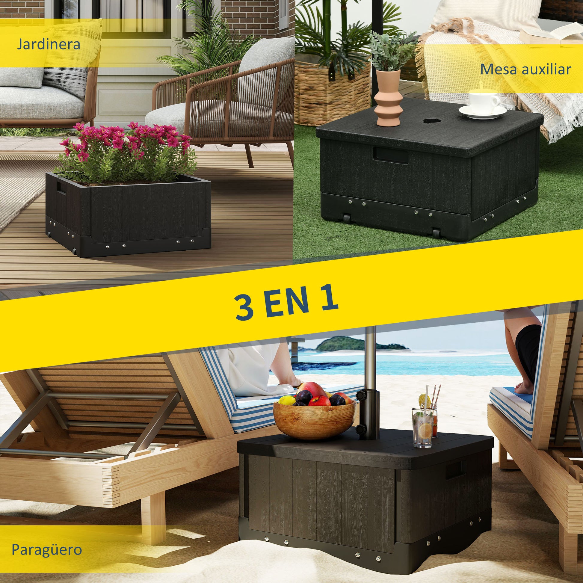Outsunny Base para Sombrilla Exterior 3 en 1, Mesa Auxiliar, Macetero con Orificio de Drenaje, Soporte de Parasol Rellenable Arena 80 kg con Ruedas y Asas para Sombrilla con Postes Ø38 y Ø48 mm, Negro