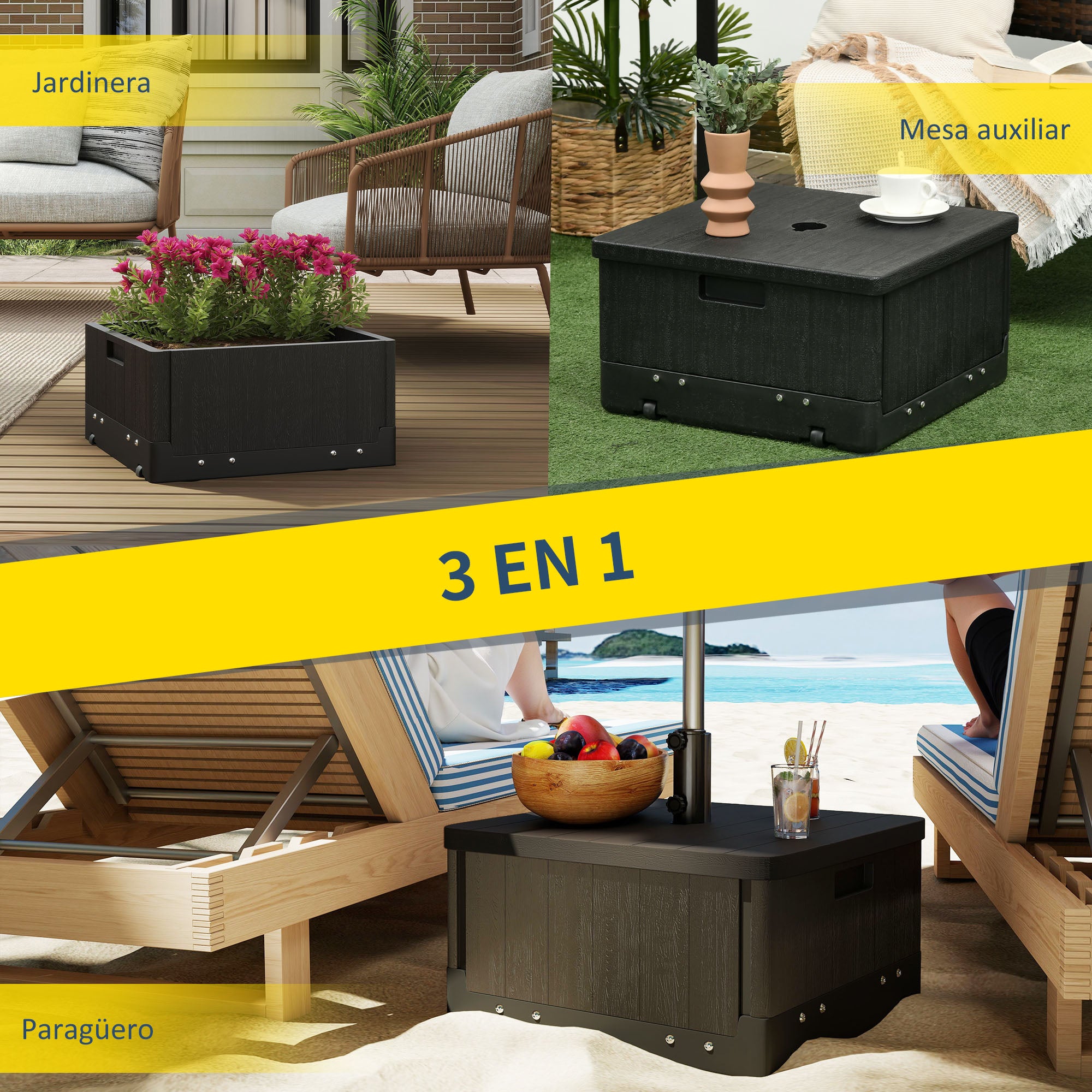 Outsunny Base para Sombrilla Exterior 3 en 1, Mesa Auxiliar, Macetero con Orificio de Drenaje, Soporte de Parasol Rellenable Arena 80 kg con Ruedas y Asas para Sombrilla con Postes Ø38 y Ø48 mm, Negro