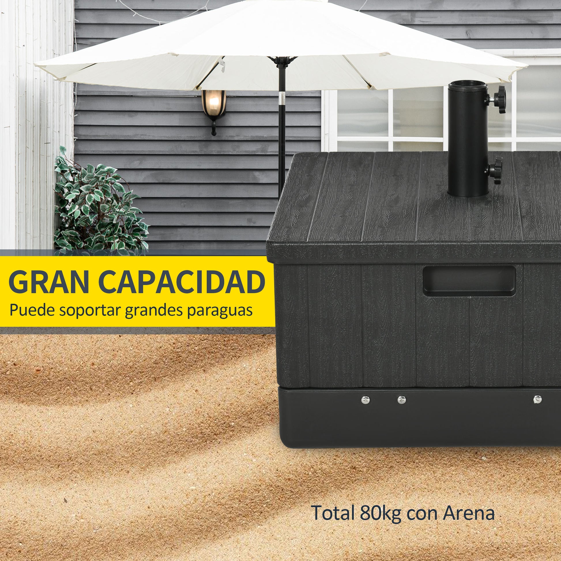 Outsunny Base para Sombrilla Exterior 3 en 1, Mesa Auxiliar, Macetero con Orificio de Drenaje, Soporte de Parasol Rellenable Arena 80 kg con Ruedas y Asas para Sombrilla con Postes Ø38 y Ø48 mm, Negro