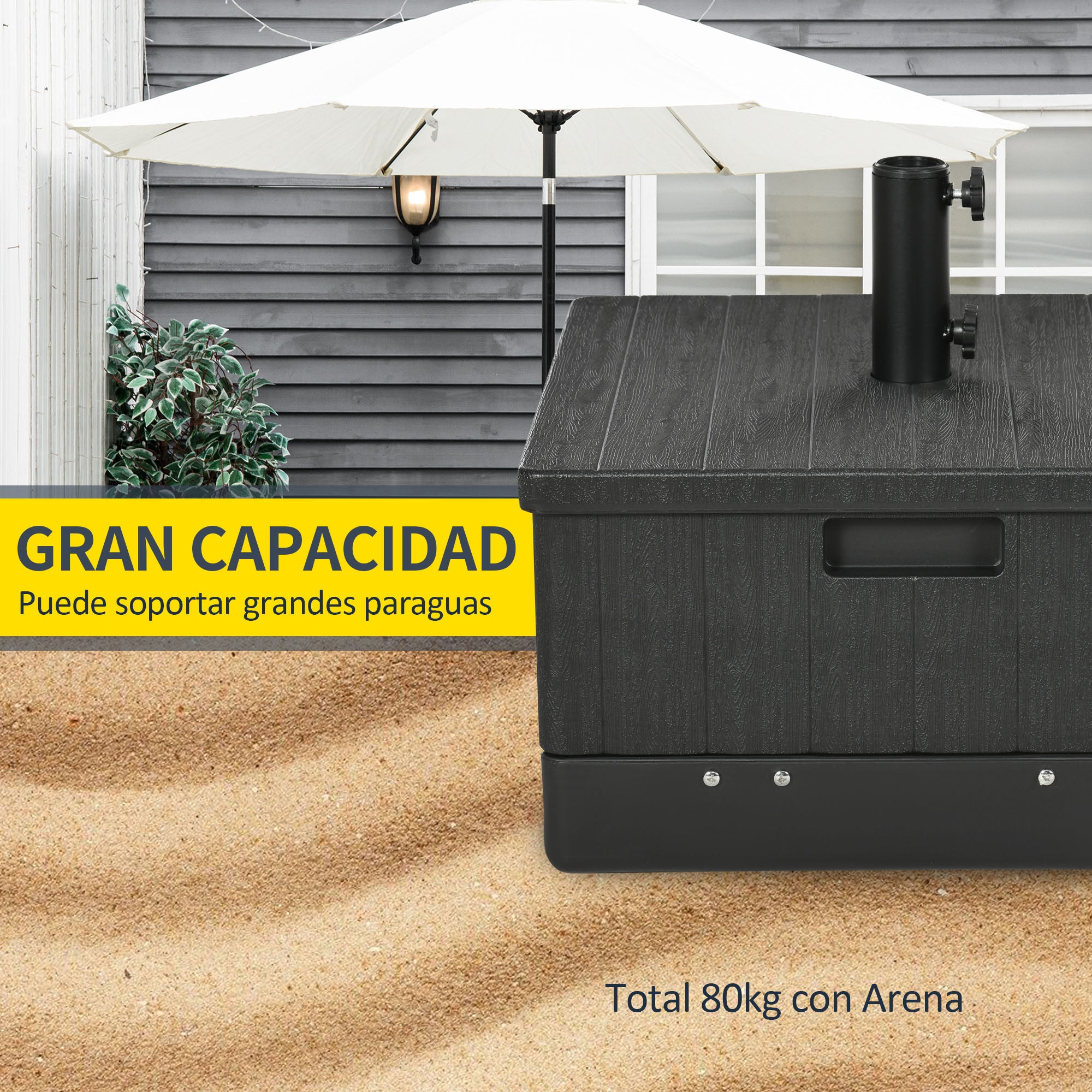 Outsunny Base para Sombrilla Exterior 3 en 1, Mesa Auxiliar, Macetero con Orificio de Drenaje, Soporte de Parasol Rellenable Arena 80 kg con Ruedas y Asas para Sombrilla con Postes Ø38 y Ø48 mm, Negro