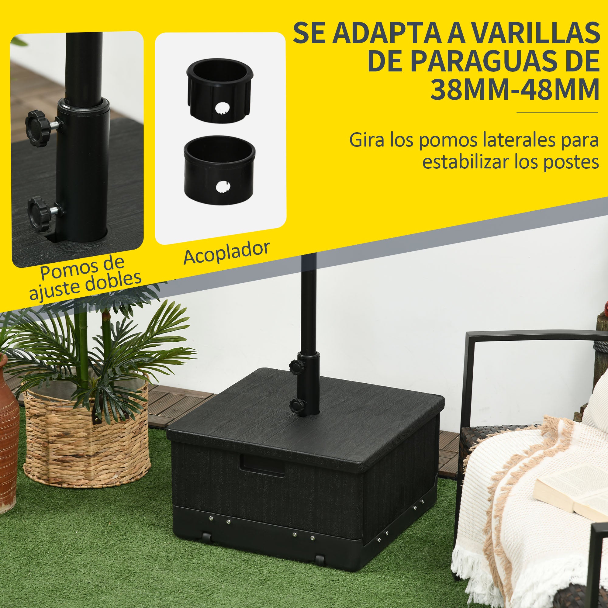Outsunny Base para Sombrilla Exterior 3 en 1, Mesa Auxiliar, Macetero con Orificio de Drenaje, Soporte de Parasol Rellenable Arena 80 kg con Ruedas y Asas para Sombrilla con Postes Ø38 y Ø48 mm, Negro