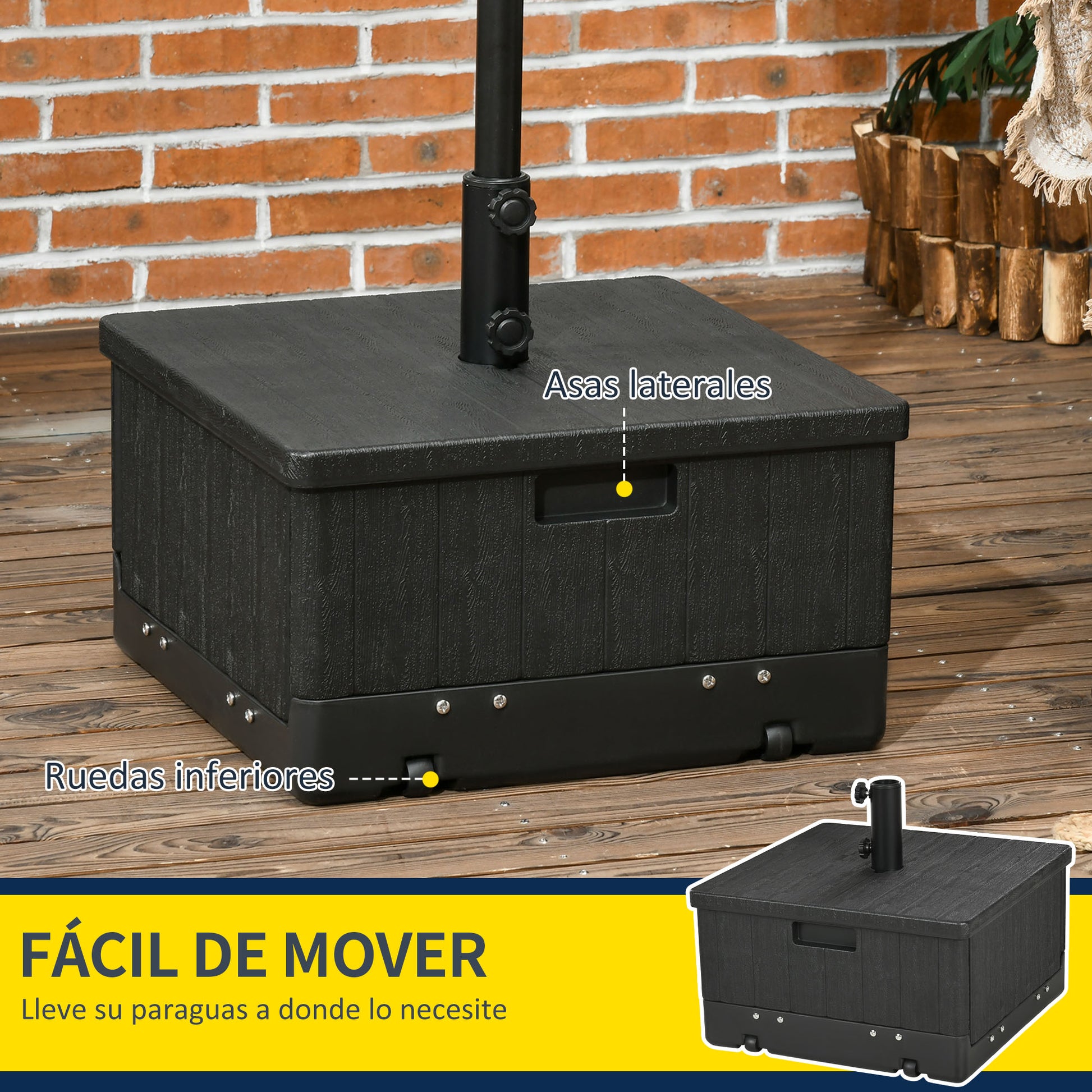 Outsunny Base para Sombrilla Exterior 3 en 1, Mesa Auxiliar, Macetero con Orificio de Drenaje, Soporte de Parasol Rellenable Arena 80 kg con Ruedas y Asas para Sombrilla con Postes Ø38 y Ø48 mm, Negro