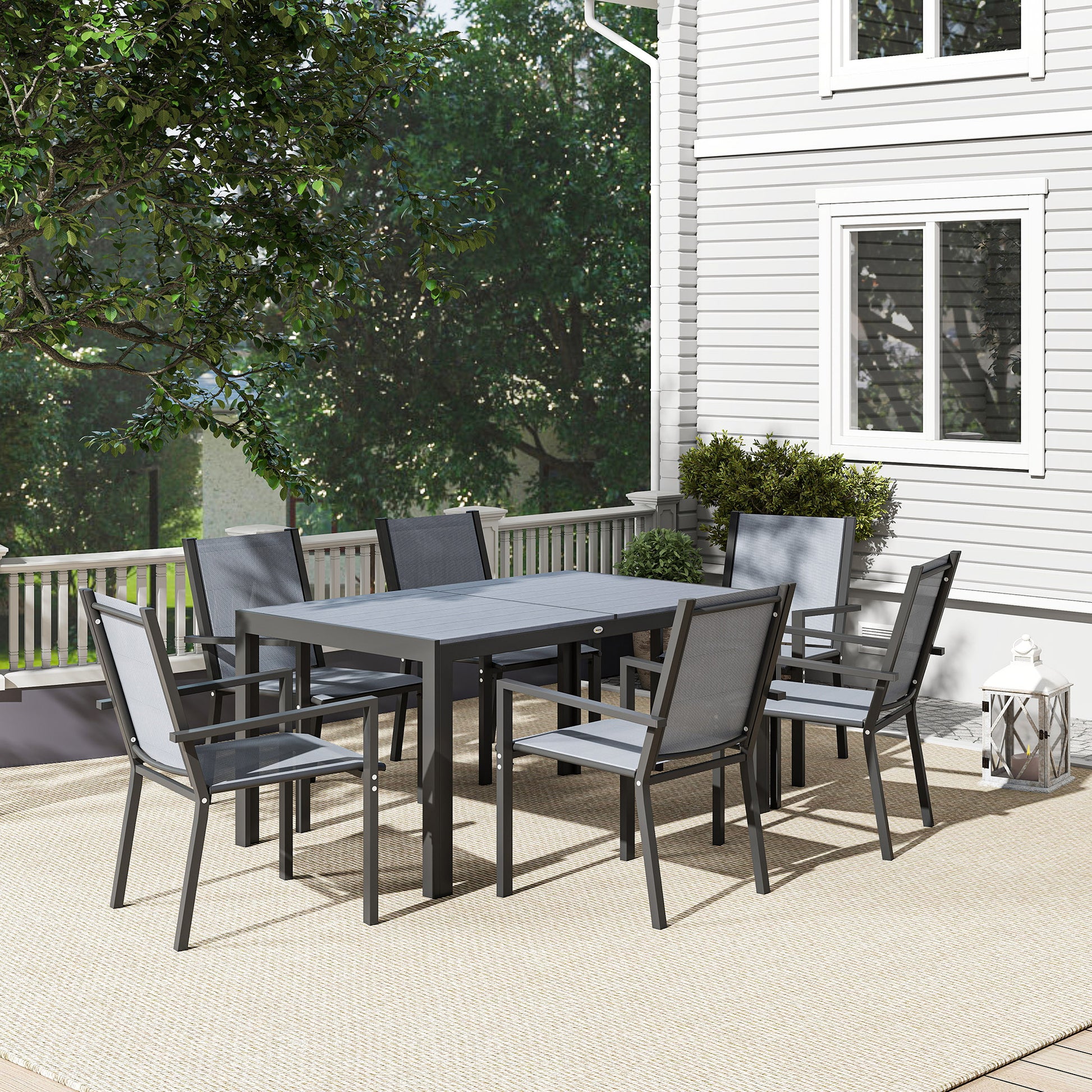 Outsunny Conjunto de Mesa y Sillas Jardín de 7 Piezas, Muebles de Jardín Exterior con 6 Sillas Apilables y Marco de Acero, para Terraza, Patio, Gris Claro