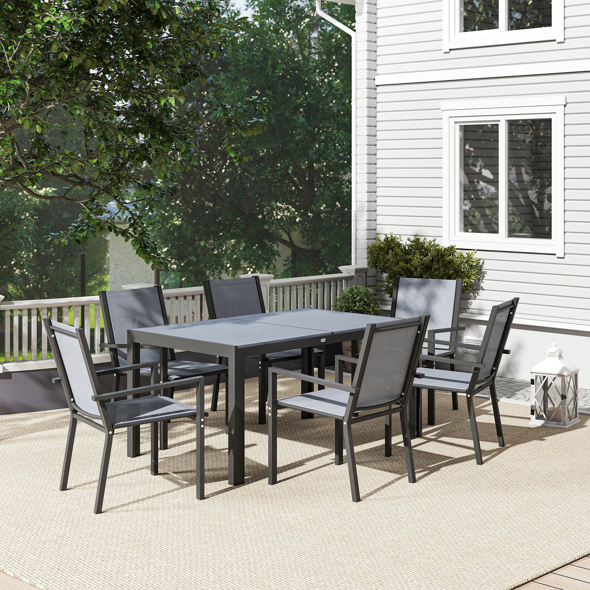 Outsunny Conjunto de Mesa y Sillas Jardín de 7 Piezas, Muebles de Jardín Exterior con 6 Sillas Apilables y Marco de Acero, para Terraza, Patio, Gris Claro