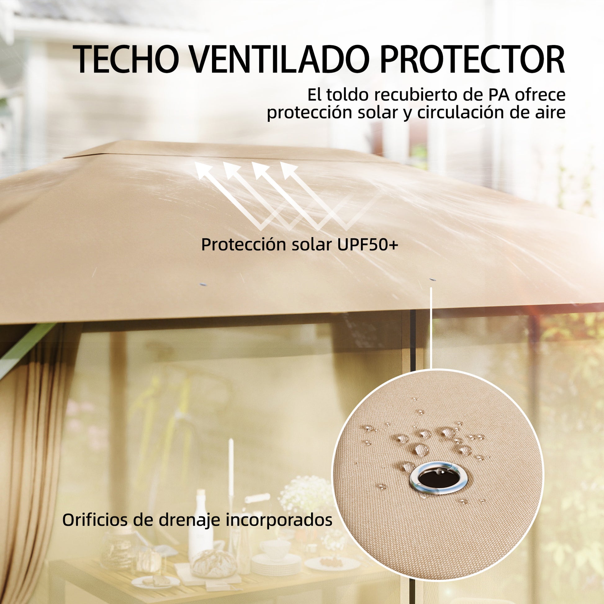 Outsunny Cenador para Jardín 3x4 m, Pabellón de Jardín Gazebo con Techo Ventilado, 4 Paredes Laterales y 4 Mosquiteras, UPF50+, Estructura de Metal, Carpa para Exterior, Terraza, Patio, Caqui