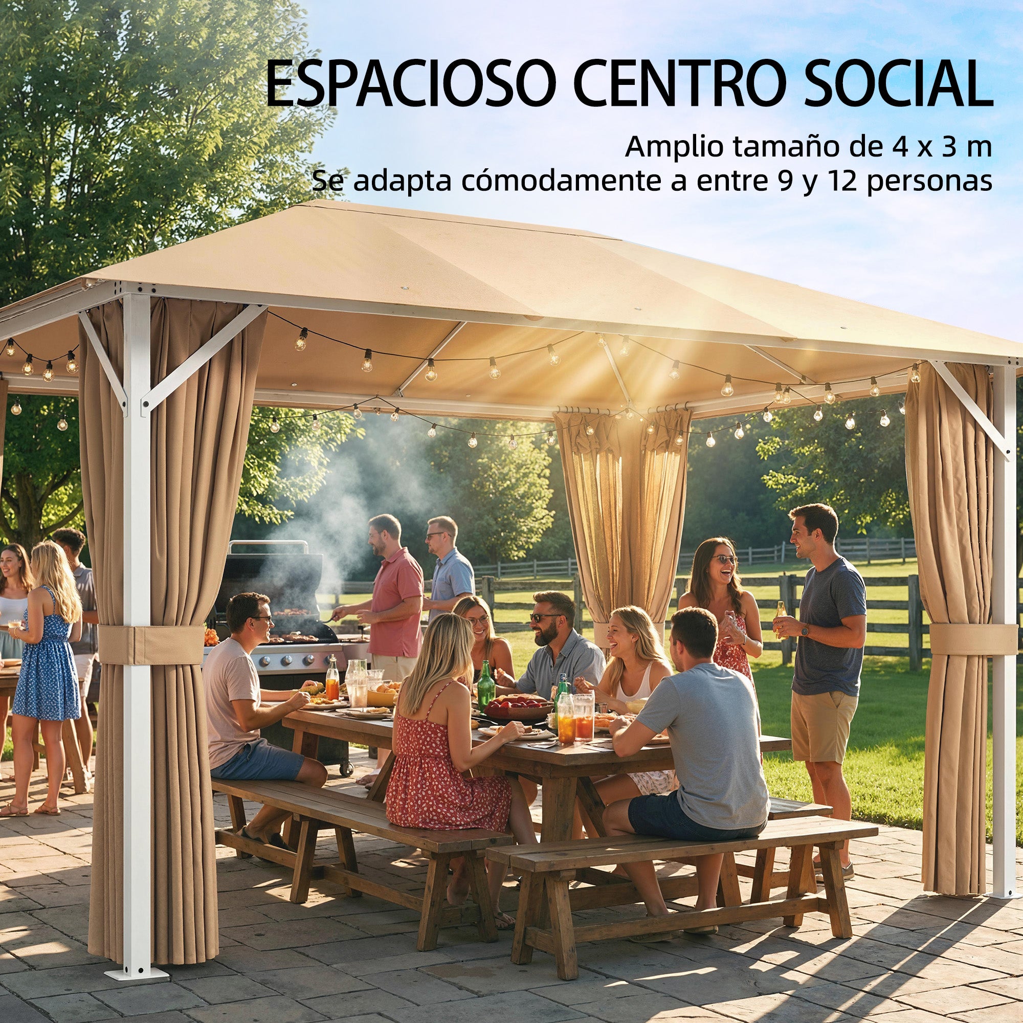 Outsunny Cenador para Jardín 3x4 m, Pabellón de Jardín Gazebo con Techo Ventilado, 4 Paredes Laterales y 4 Mosquiteras, UPF50+, Estructura de Metal, Carpa para Exterior, Terraza, Patio, Caqui