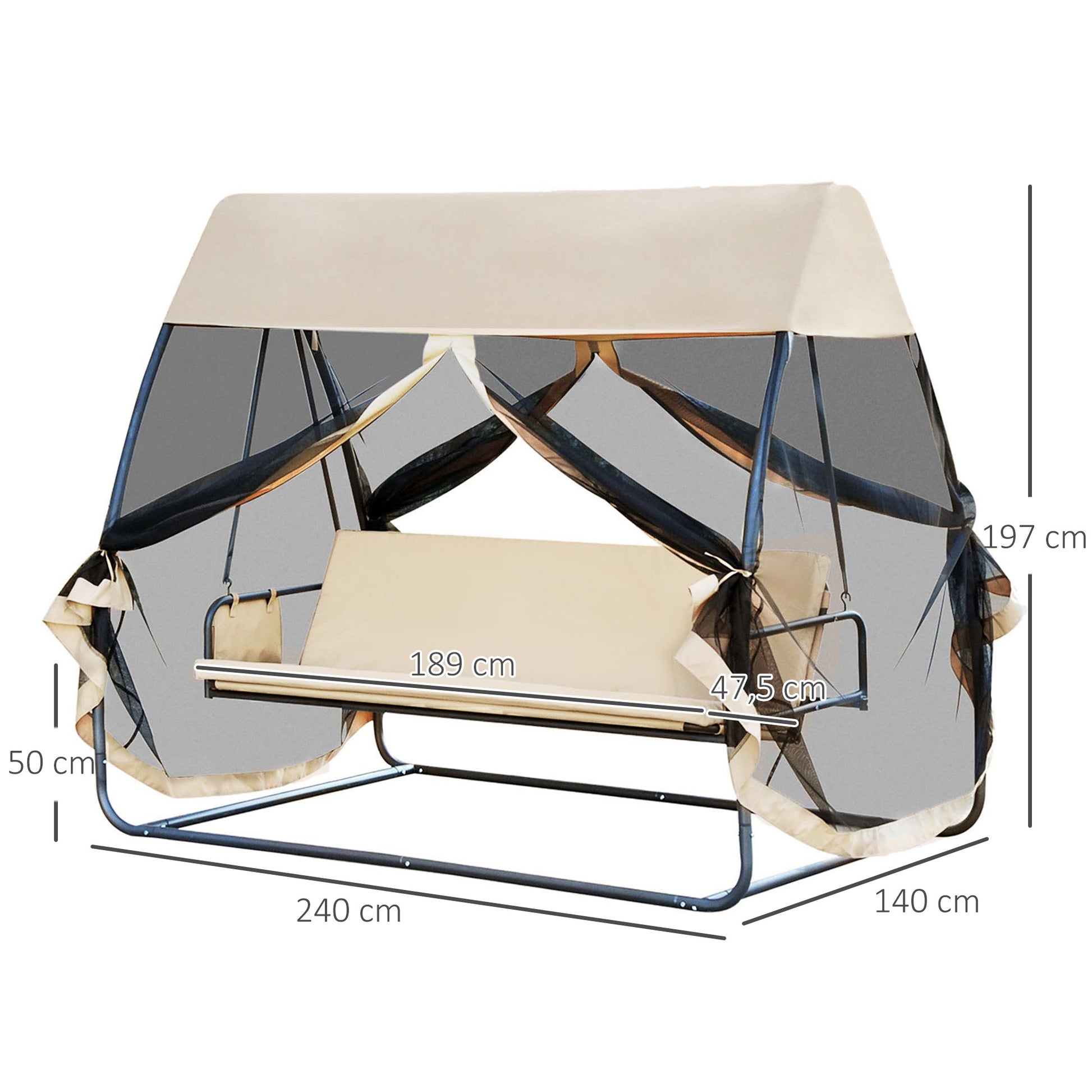 Outsunny Columpio de Jardín 3 Plazas Convertible en Cama con Mosquitera de Puertas Espacio de Almacenaje Terraza Balcón Exterior 240x140x197 cm Acero Carga Máx. 300 kg Crema