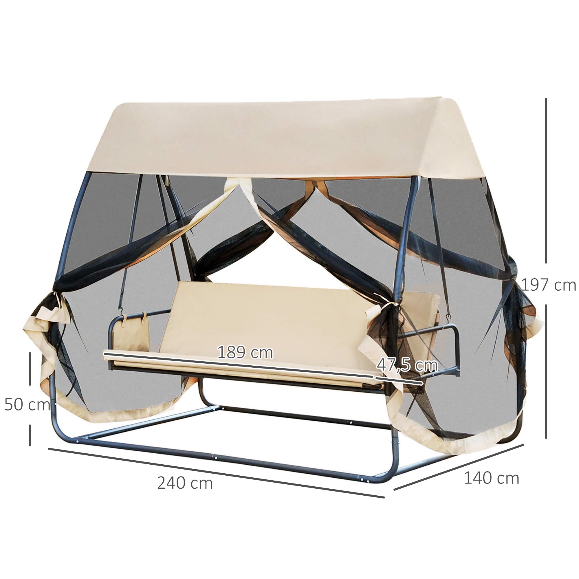 Outsunny Columpio de Jardín 3 Plazas Convertible en Cama con Mosquitera de Puertas Espacio de Almacenaje Terraza Balcón Exterior 240x140x197 cm Acero Carga Máx. 300 kg Crema