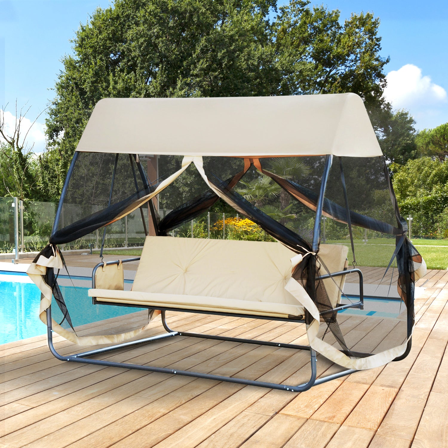 Outsunny Columpio de Jardín 3 Plazas Convertible en Cama con Mosquitera de Puertas Espacio de Almacenaje Terraza Balcón Exterior 240x140x197 cm Acero Carga Máx. 300 kg Crema