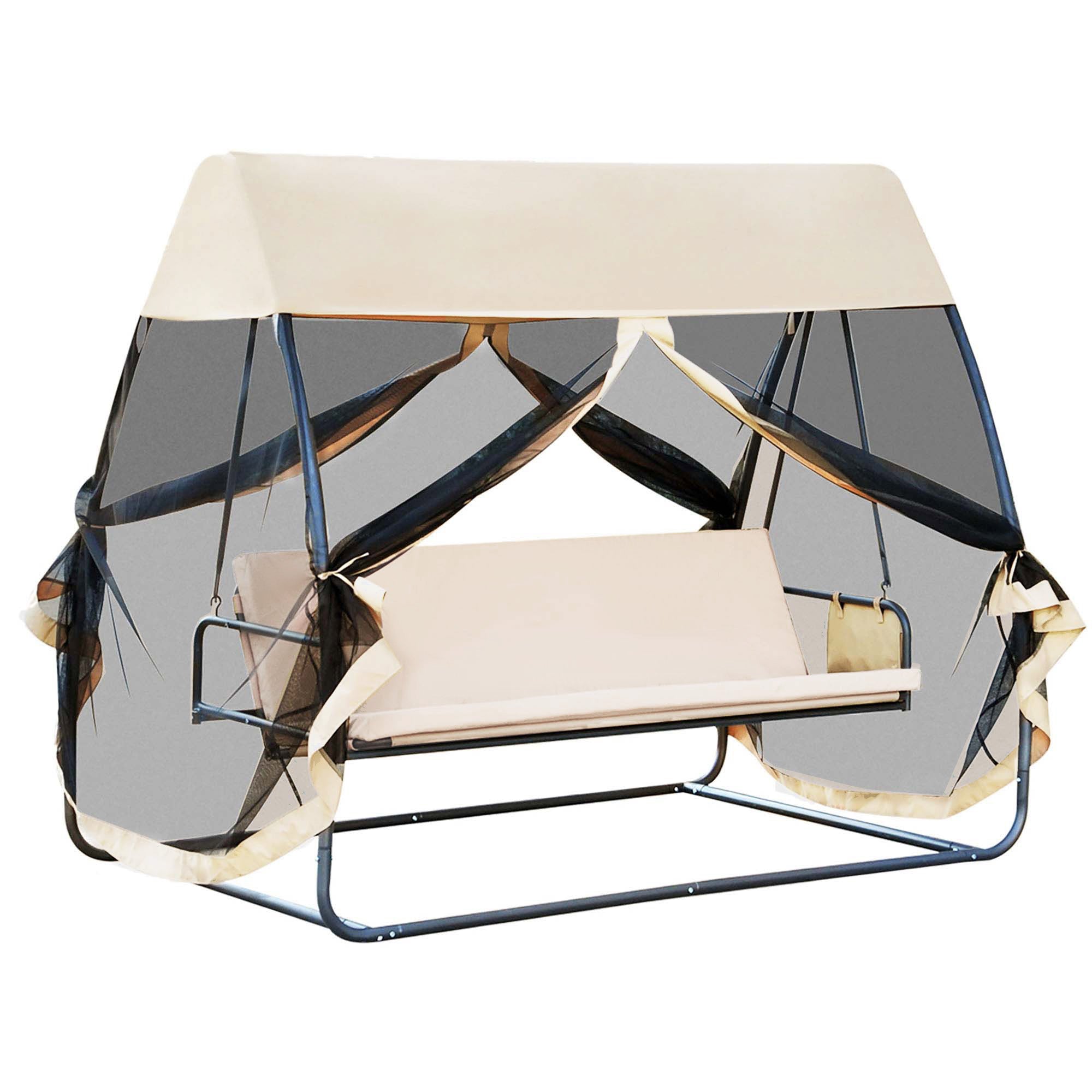 Outsunny Columpio de Jardín 3 Plazas Convertible en Cama con Mosquitera de Puertas Espacio de Almacenaje Terraza Balcón Exterior 240x140x197 cm Acero Carga Máx. 300 kg Crema