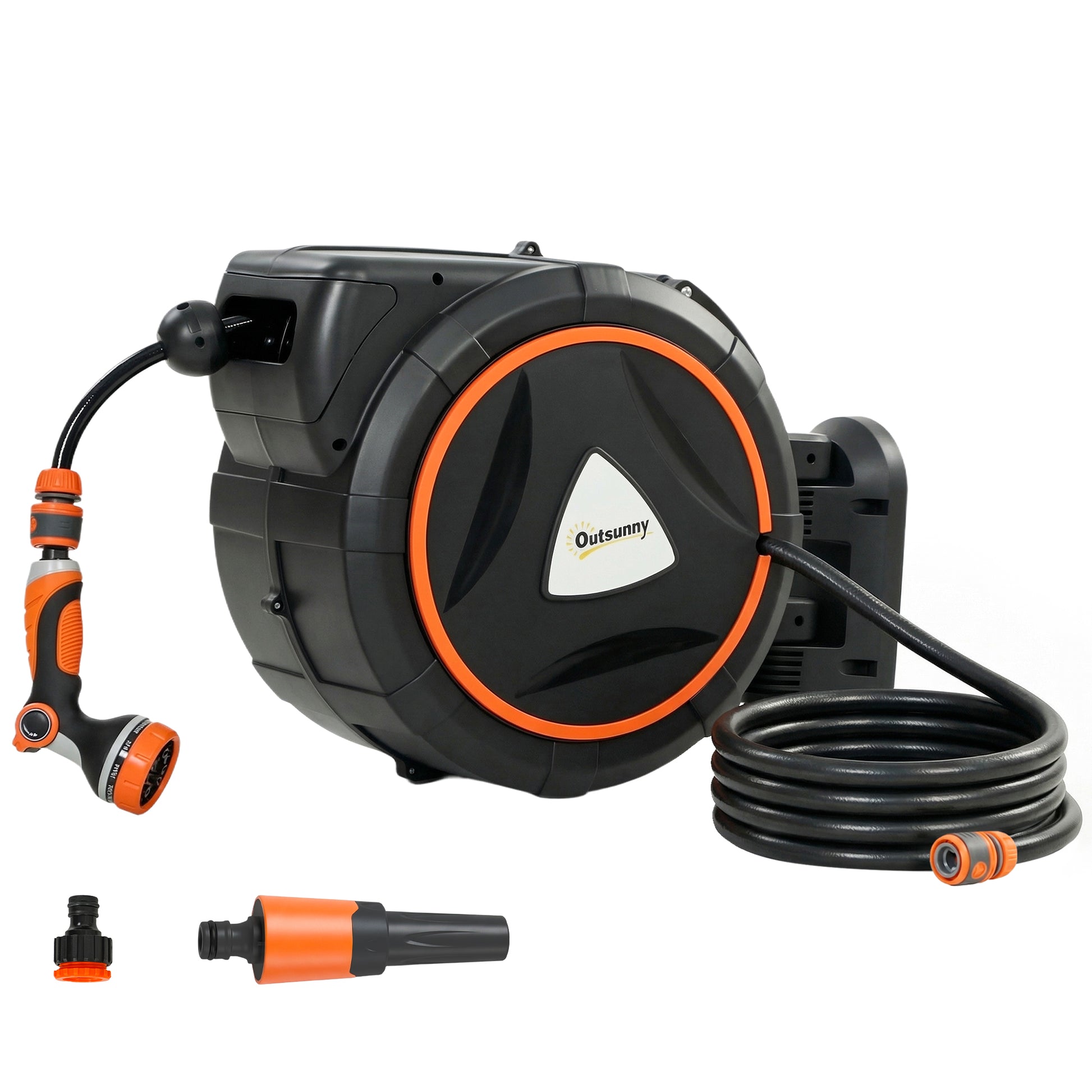 Outsunny Enrollador de Manguera para Jardín 28+2 m con 12 Modos de Rociado, Carrete de Manguera de Jardín de Pared con Bloqueo Automático y Retracción Controlada, Soporte Orientable 180°, Naranja