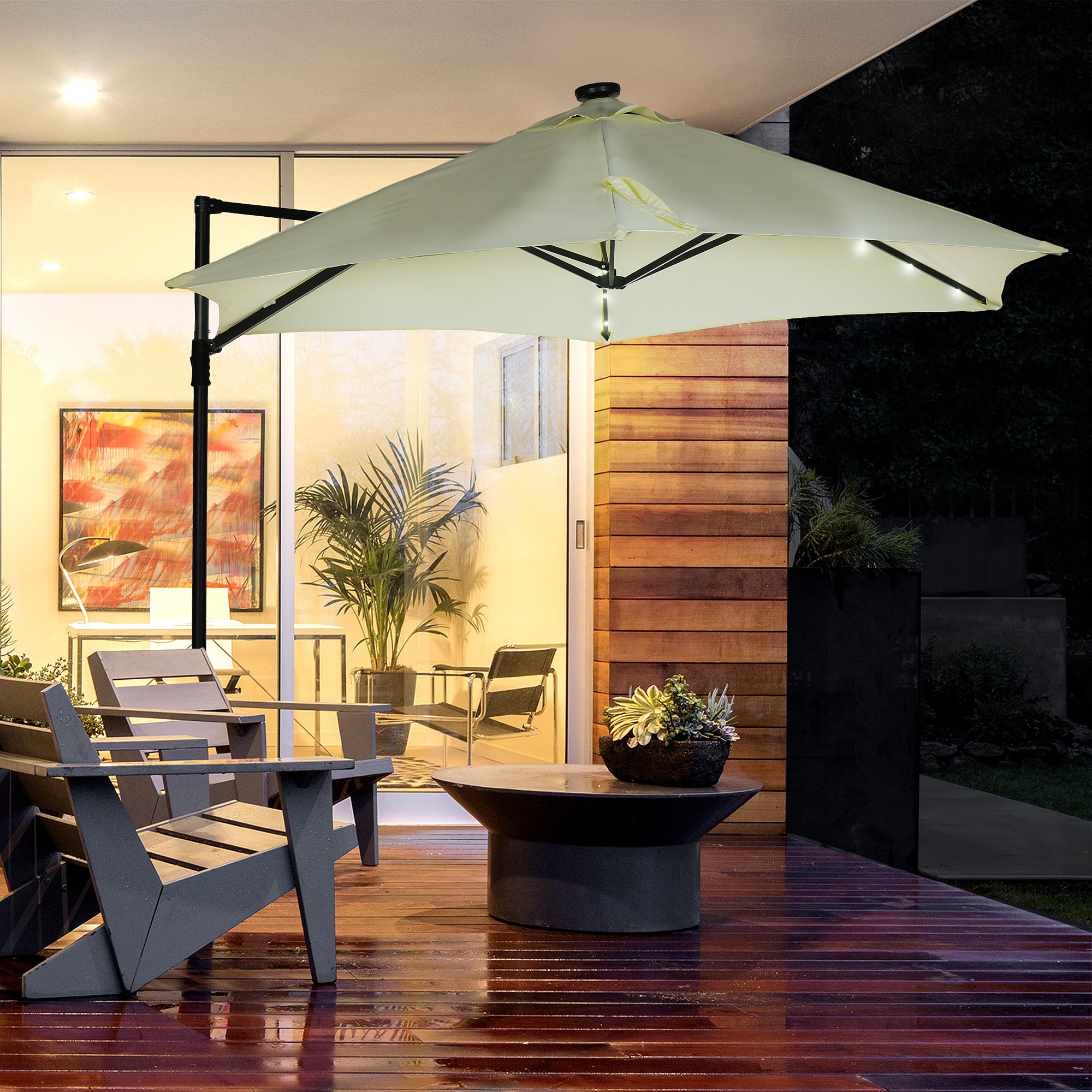 Outsunny Sombrilla de Jardín Ø256x248 cm Parasol de Terraza Manual con Luces LED Solares Poste Giratorio 360° y Ventilación Superior para Jardín Patio Piscina Beige