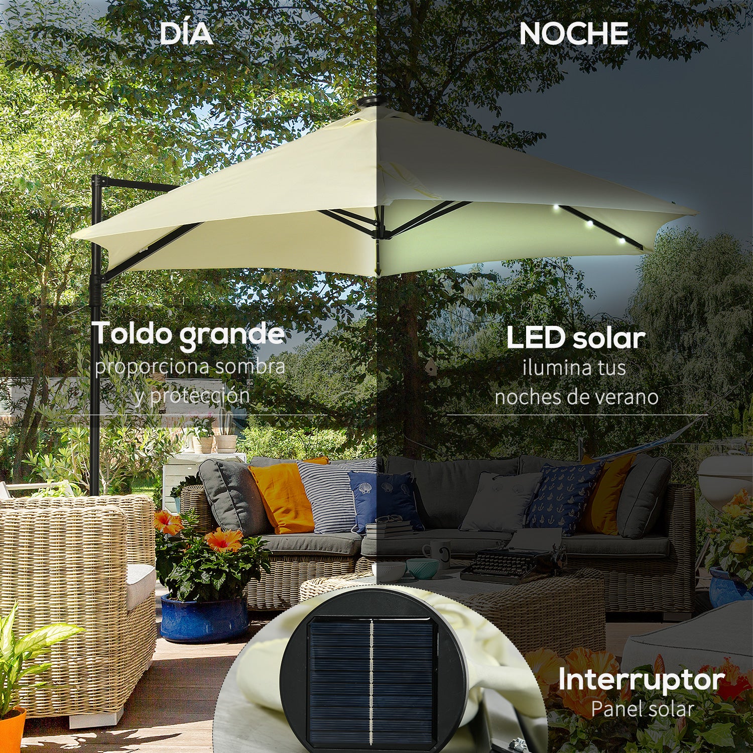 Outsunny Sombrilla de Jardín Ø256x248 cm Parasol de Terraza Manual con Luces LED Solares Poste Giratorio 360° y Ventilación Superior para Jardín Patio Piscina Beige