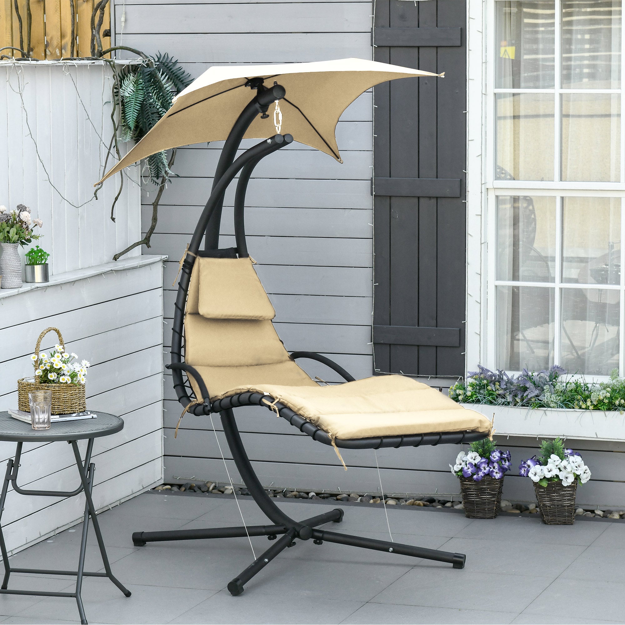 Outsunny Silla Colgante con Soporte Sillón Colgante con Toldo Cojín Estructura Metálica Antivuelco Carga 100 kg para Jardín Patio Terraza 190x110x190 cm Beige