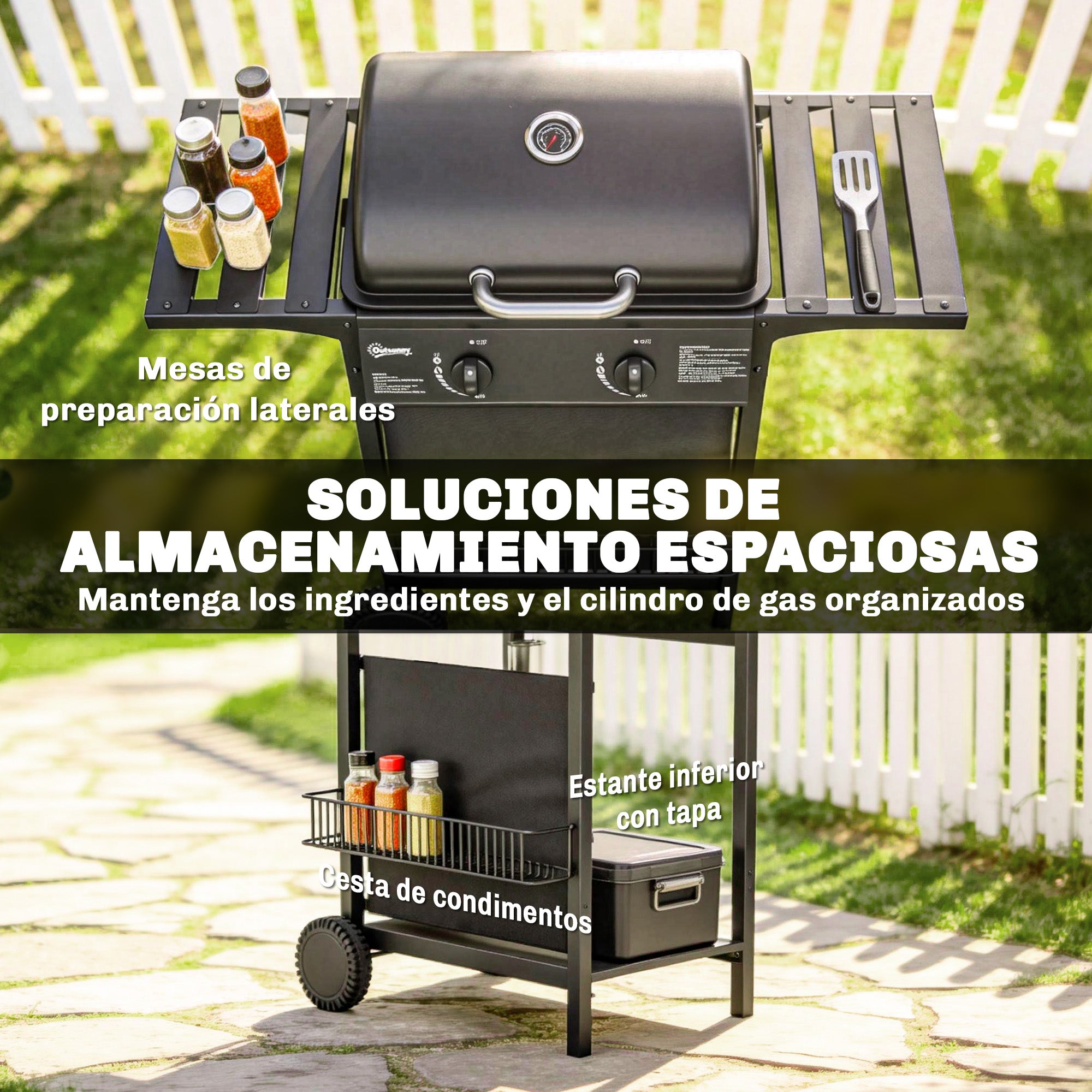 Outsunny Barbacoa de Gas BBQ Gas con 2 Quemadores 5 kW, Barbacoa Portátil con Termómetro, Mesas Laterales, Estante, Rejilla Calentadora, Encendido Piezoeléctrico, Bandeja de Grasa y 2 Ruedas, Negro