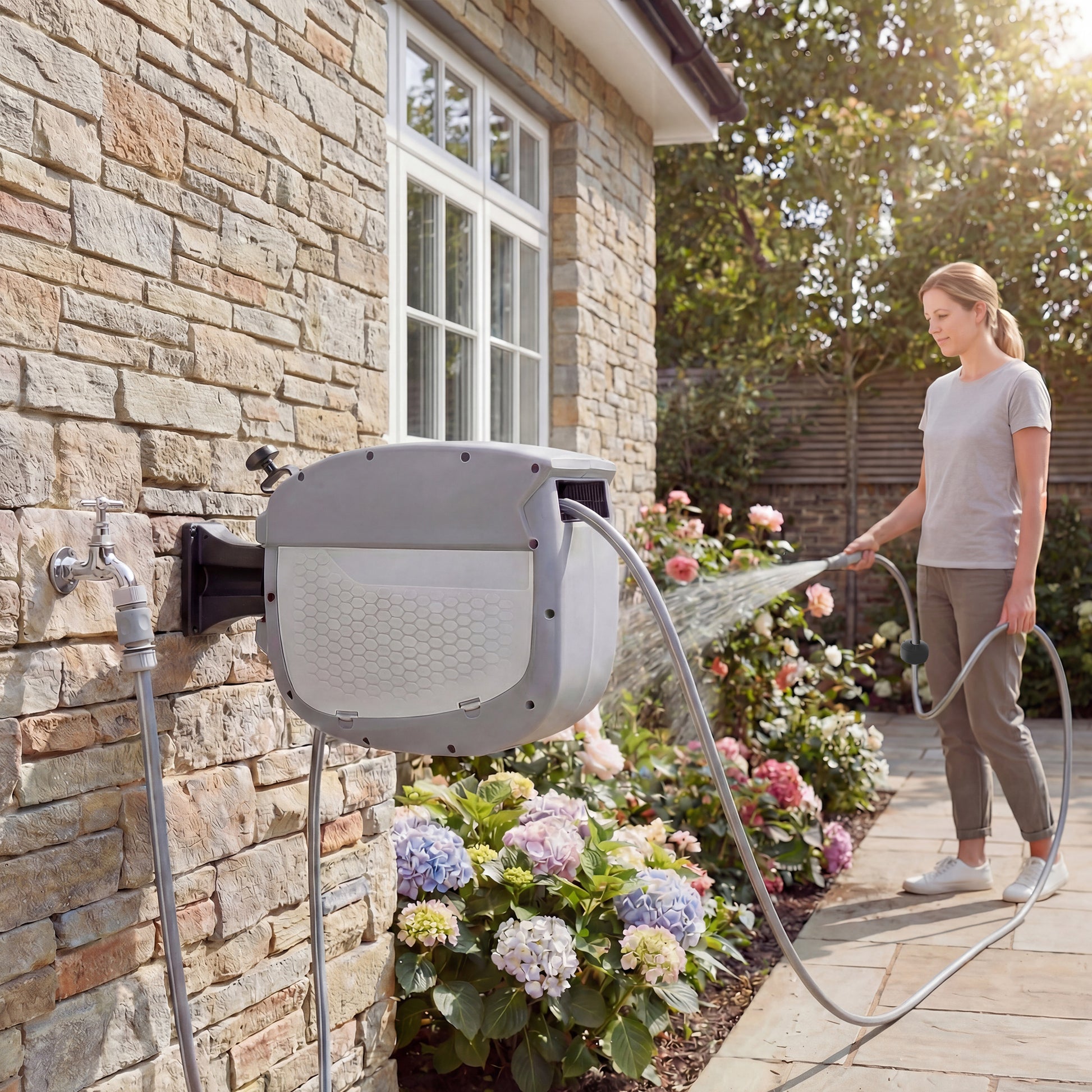 Outsunny Enrollador de Manguera para Jardín 20+1,9 m con Boquilla de 2 Modos, Carrete de Manguera de Jardín de Pared con Bloqueo Automático y Retracción Controlada, Soporte Orientable 180°, Gris