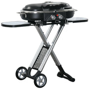 Outsunny Barbacoa de Gas 2,34 KW con 2 Quemadores Termómetro Parillas de Gas Plegable Portátil con 2 Ruedas y 2 Mesas Correderas para BBQ Camping 100x41,6x82,5 cm Negro y Plata