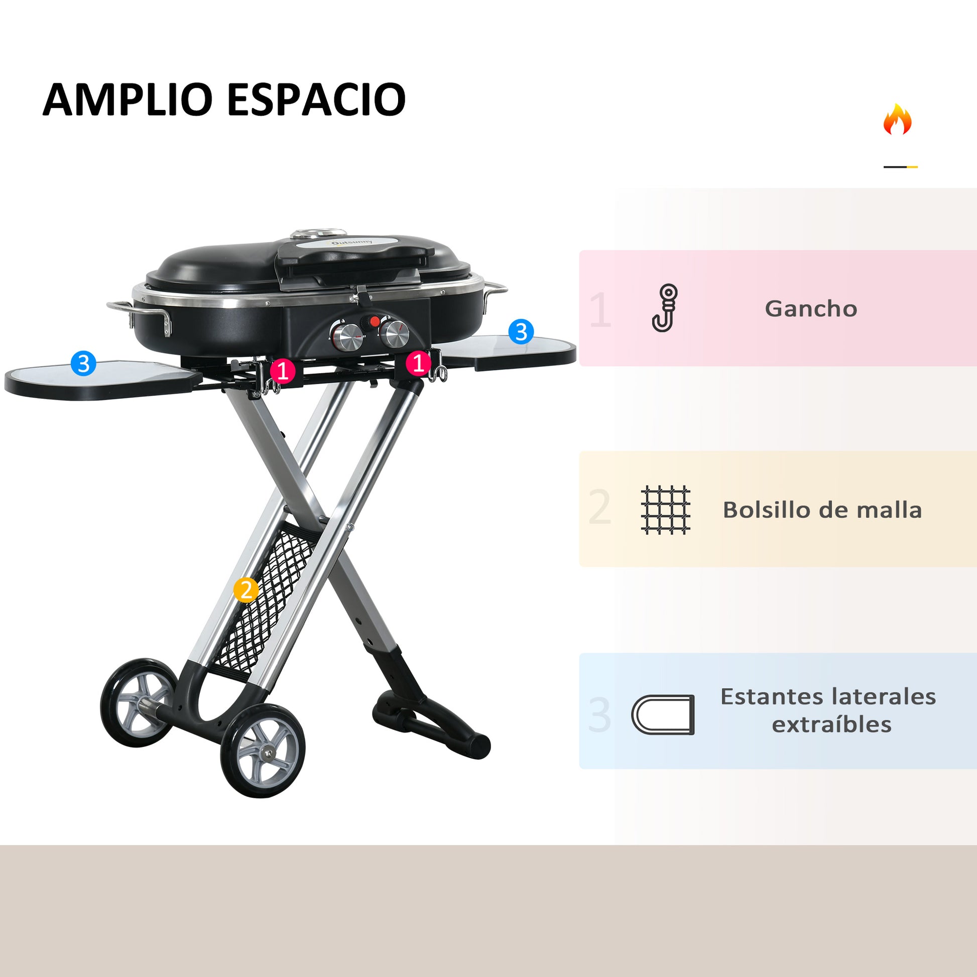 Outsunny Barbacoa de Gas 2,34 KW con 2 Quemadores Termómetro Parillas de Gas Plegable Portátil con 2 Ruedas y 2 Mesas Correderas para BBQ Camping 100x41,6x82,5 cm Negro y Plata