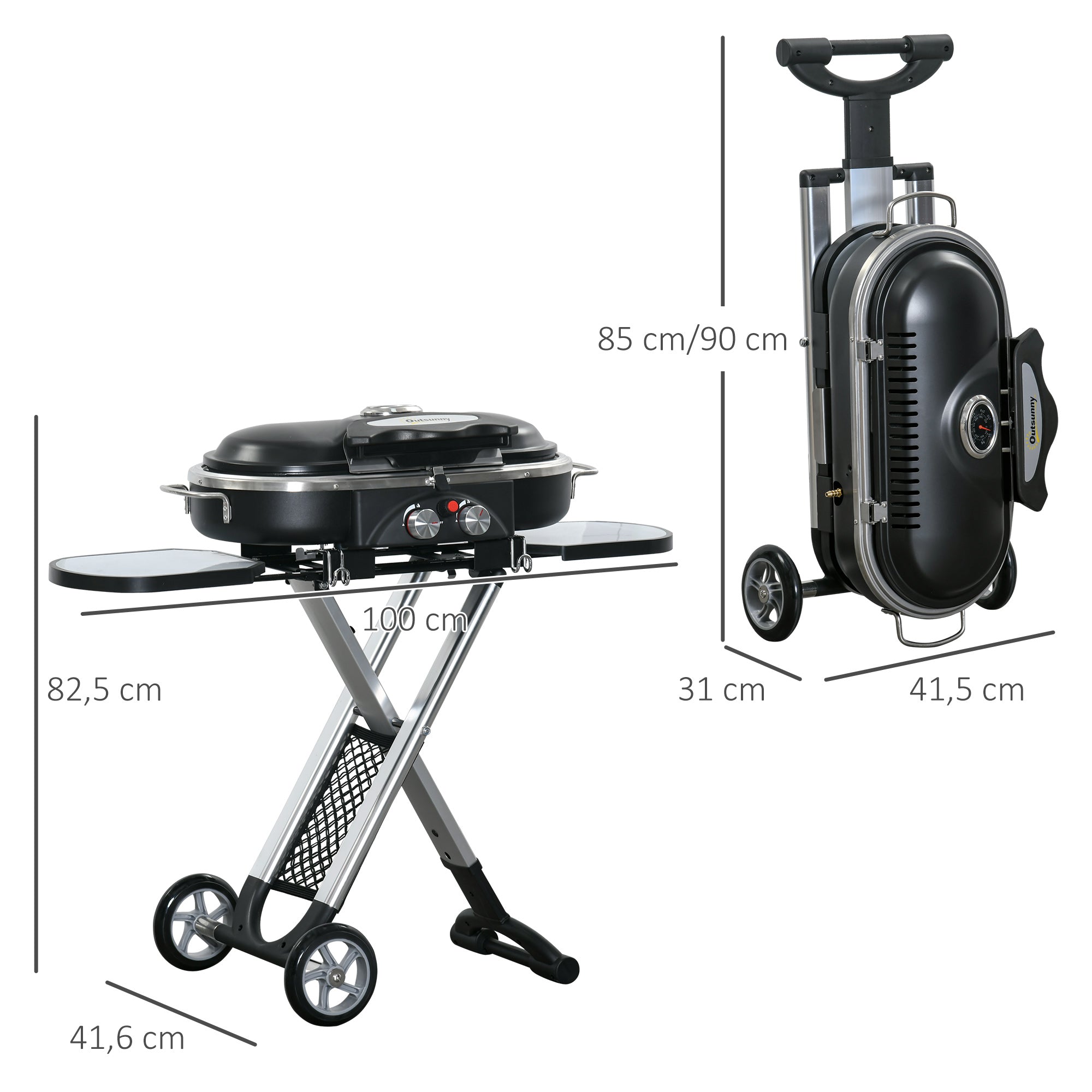 Outsunny Barbacoa de Gas 2,34 KW con 2 Quemadores Termómetro Parillas de Gas Plegable Portátil con 2 Ruedas y 2 Mesas Correderas para BBQ Camping 100x41,6x82,5 cm Negro y Plata