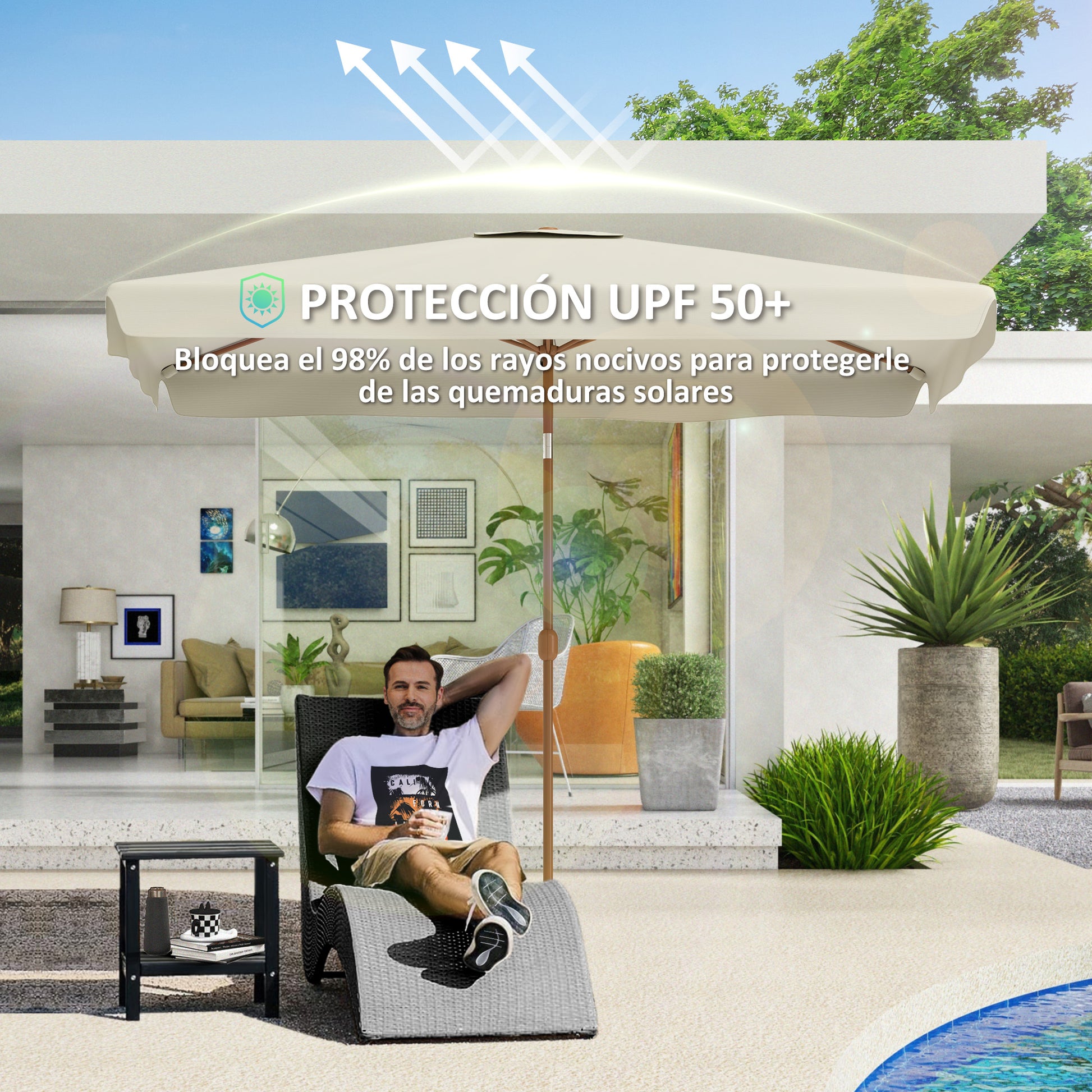 Outsunny Sombrilla de Terraza Exterior 300x200 cm Parasol de Terraza Exterior con Ángulo Ajustable Mástil de Aluminio Manivela y Protección UV 50+ Sombrilla para Jardín Patio Beige