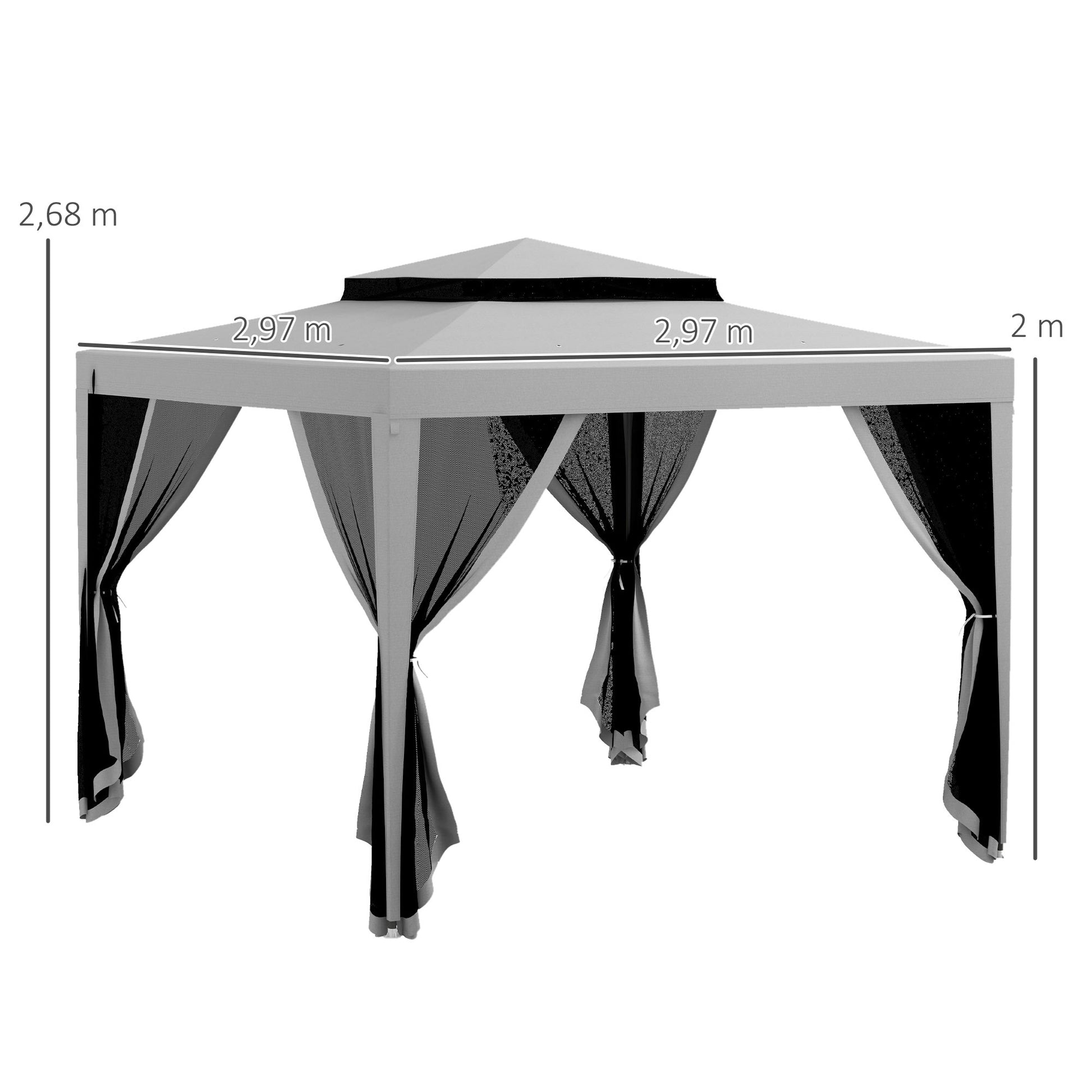 Outsunny Carpa de Jardín 3x3 m Cenador Desmontable de Exterior Gazebo con 4 Mosquiteras Laterales Techo Doble y Marco Metálico Anti-UV Impermeable Pabellón para Terraza Patio Gris