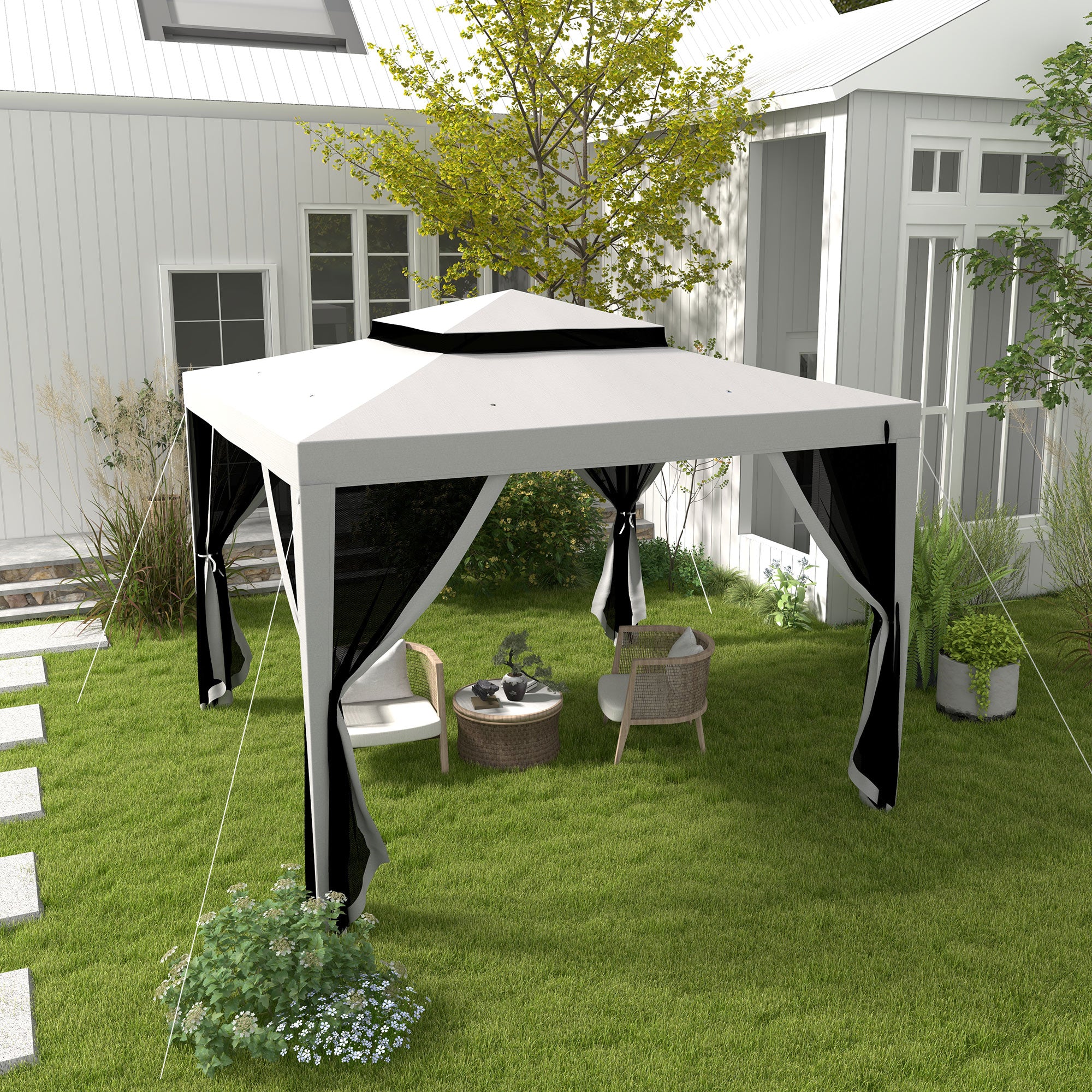 Outsunny Carpa de Jardín 3x3 m Cenador Desmontable de Exterior Gazebo con 4 Mosquiteras Laterales Techo Doble y Marco Metálico Anti-UV Impermeable Pabellón para Terraza Patio Gris