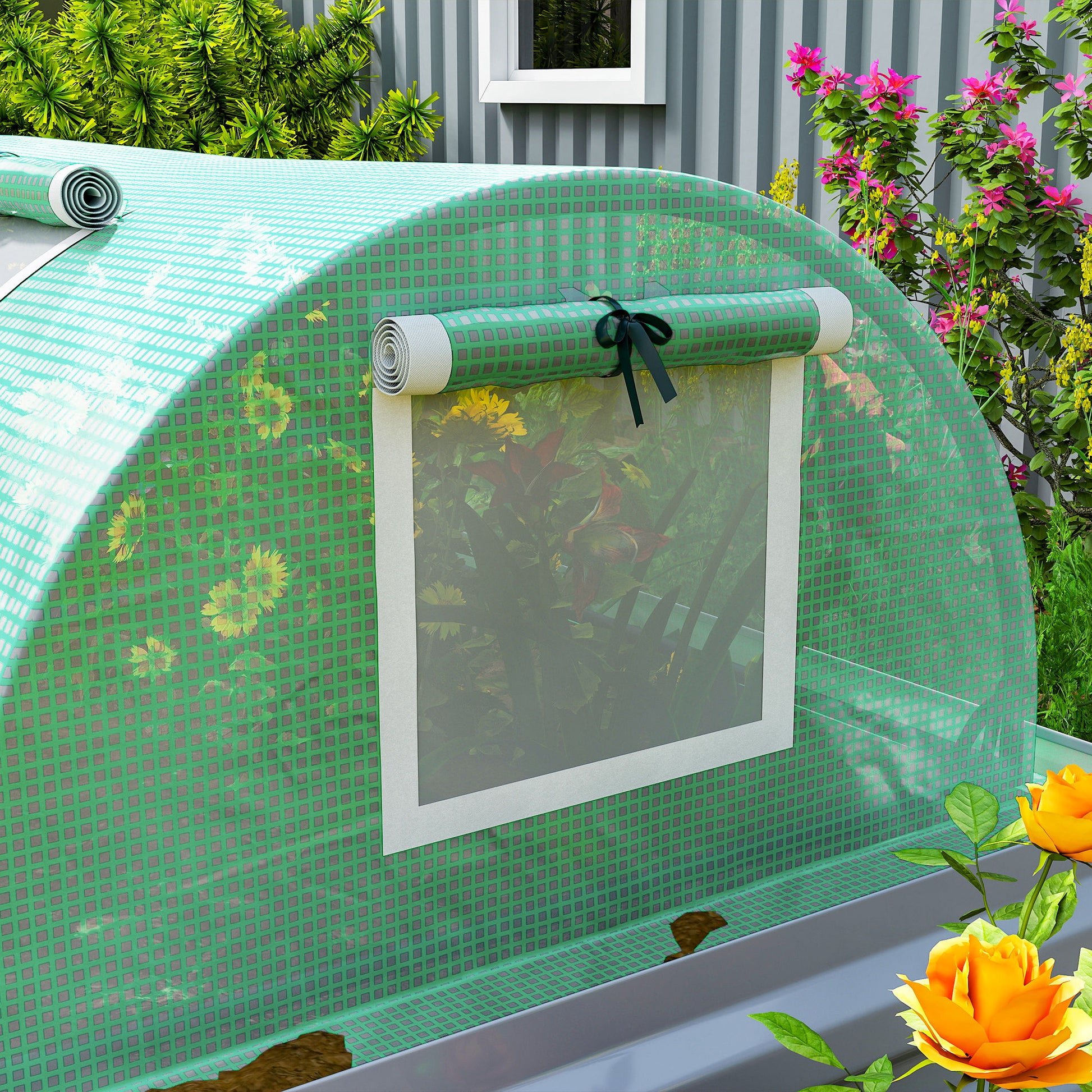 Outsunny Invernadero de Exterior, 300x80x45 cm, Invernadero de Jardín con 5 Ventanas Enrollables de Malla, Marco de Acero y Cubierta de PE 140g/㎡ Anti-UV para Cultivos, Plantas, Flores, Verde