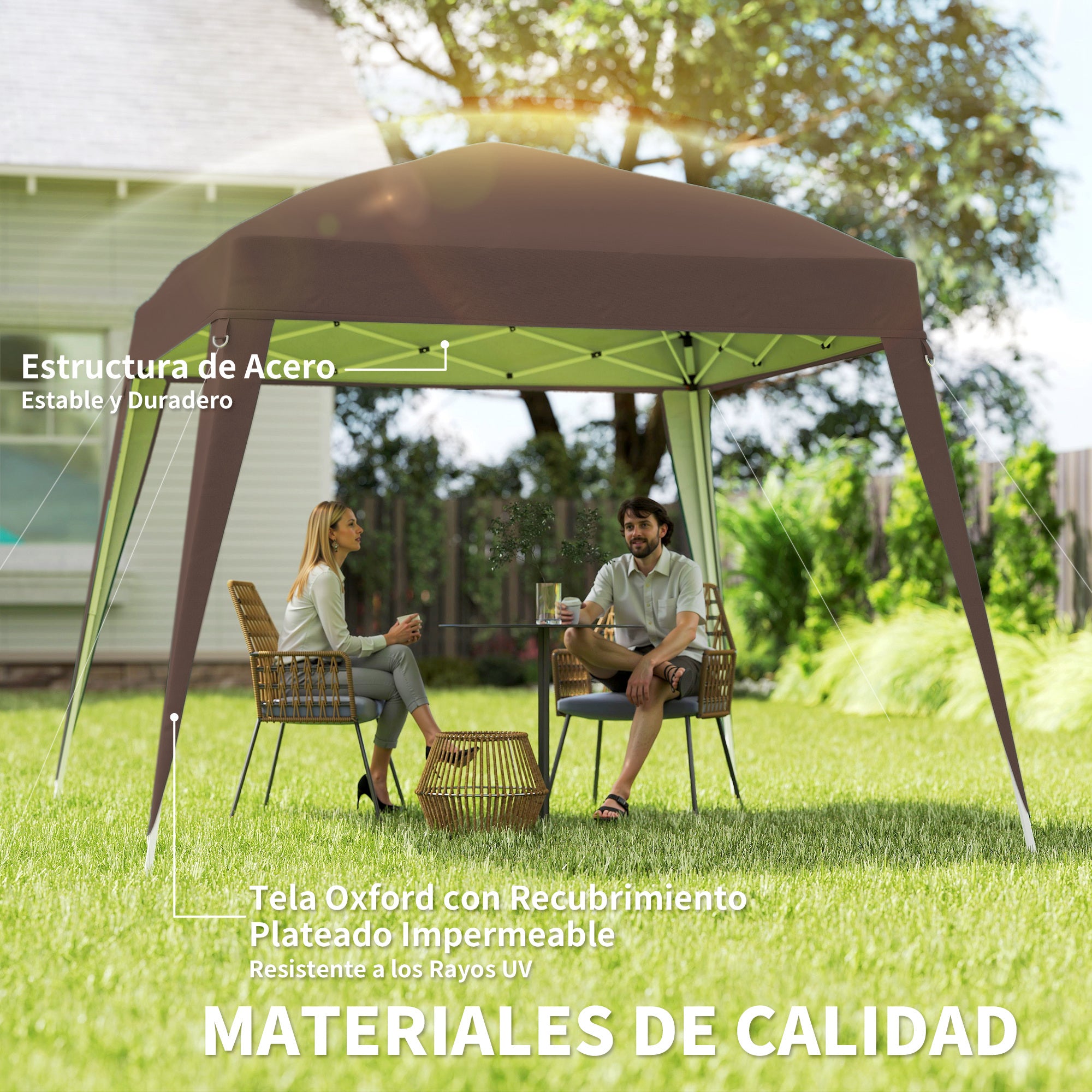 Outsunny Carpa Plegable 3x3 m, Pop-up, Cenador Pabellón de Jardín, Altura Ajustable con Bolsa de Transporte, Anti-UV, Impermeable, Gazebo para Camping, Fiestas, Exterior, Café