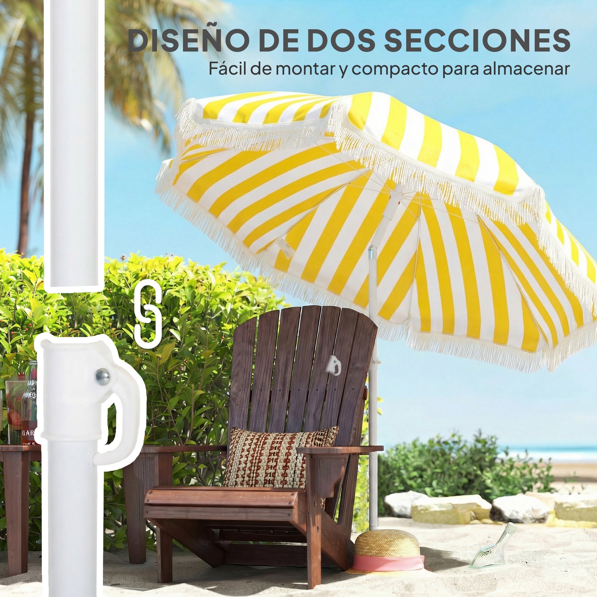 Outsunny Sombrilla de Playa con Flecos Ø180 cm, Sombrilla de Terraza Exterior con Altura Ajustable, Inclinación 30°, Anclaje Arena y Bolsa de Transporte, Amarillo y Blanco