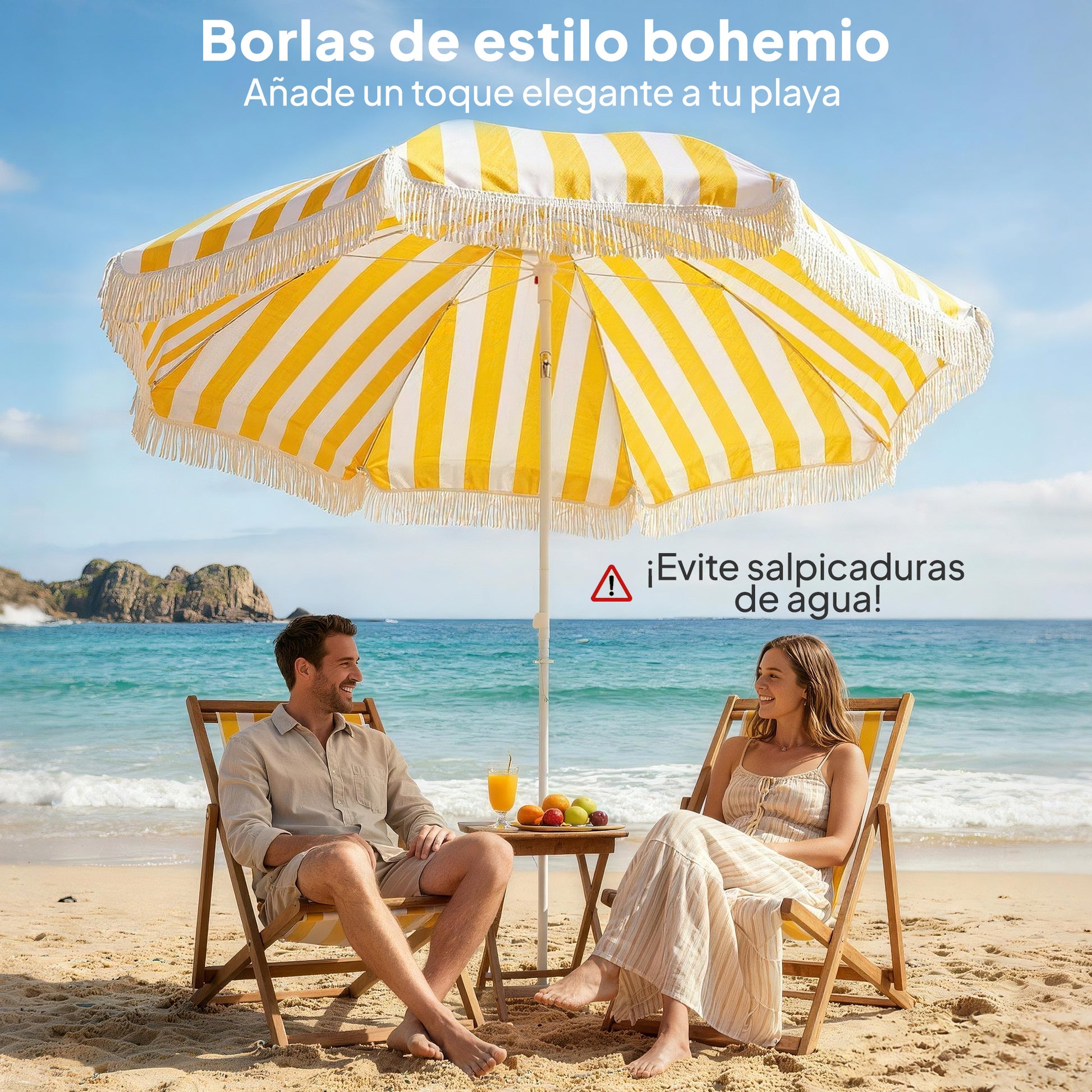 Outsunny Sombrilla de Playa con Flecos Ø180 cm, Sombrilla de Terraza Exterior con Altura Ajustable, Inclinación 30°, Anclaje Arena y Bolsa de Transporte, Amarillo y Blanco